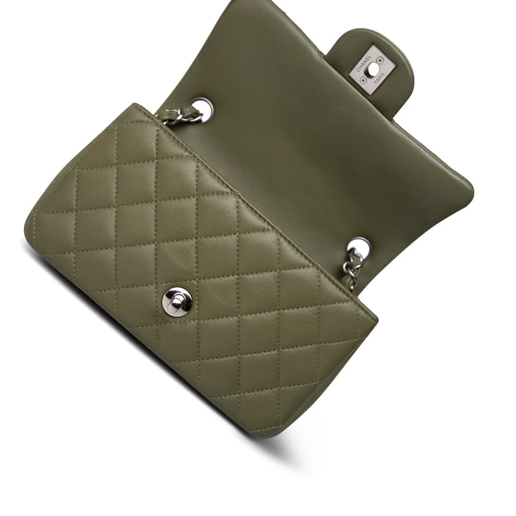 21B Dark Green Lambskin Quilted Mini Rectangular Flap Silver Hardware