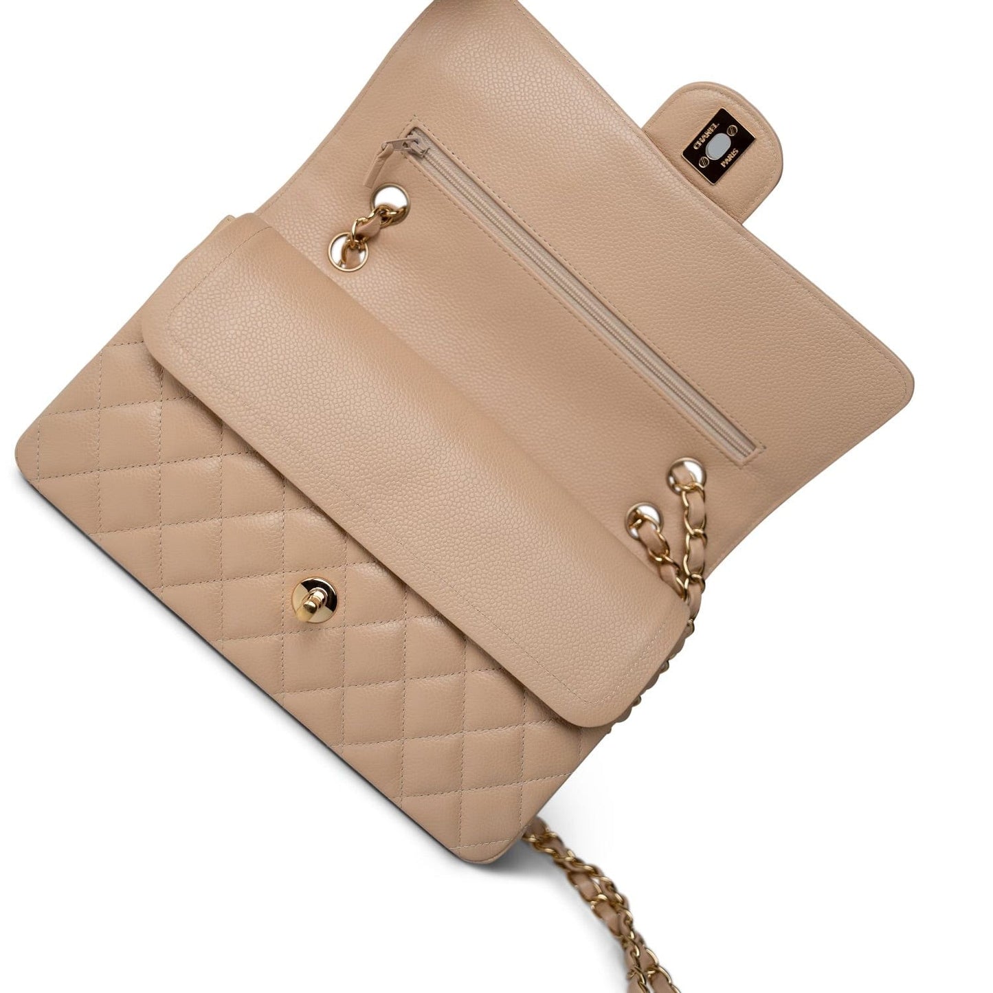 Beige Clair Caviar Quilted Classic Flap Medium Gold Hardware