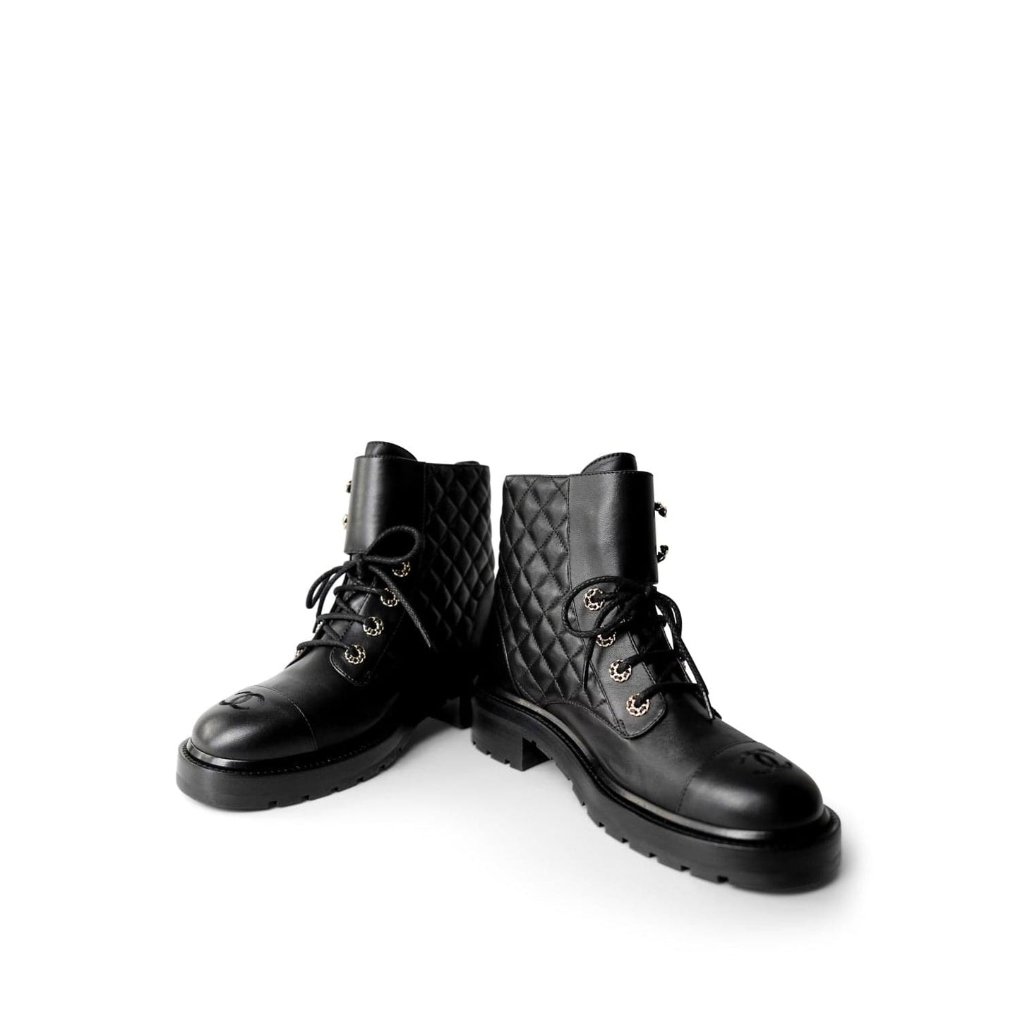 Black Calfskin Quilted Lace up Combat Boots Size 40