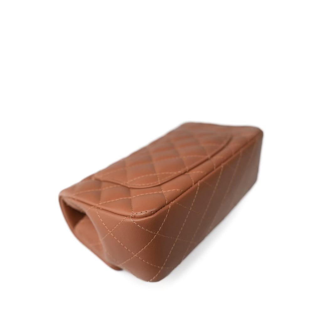 22S Caramel Lambskin Quilted Mini Rectangular Flap Light Gold Hardware