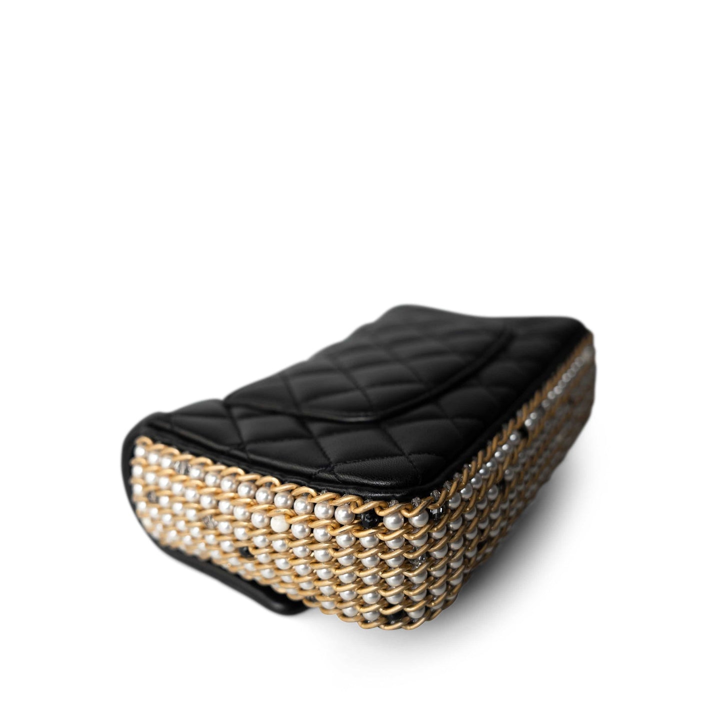 Black Lambskin Quilted Mini River of Pearls Flap Bag Aged Gold Hardware