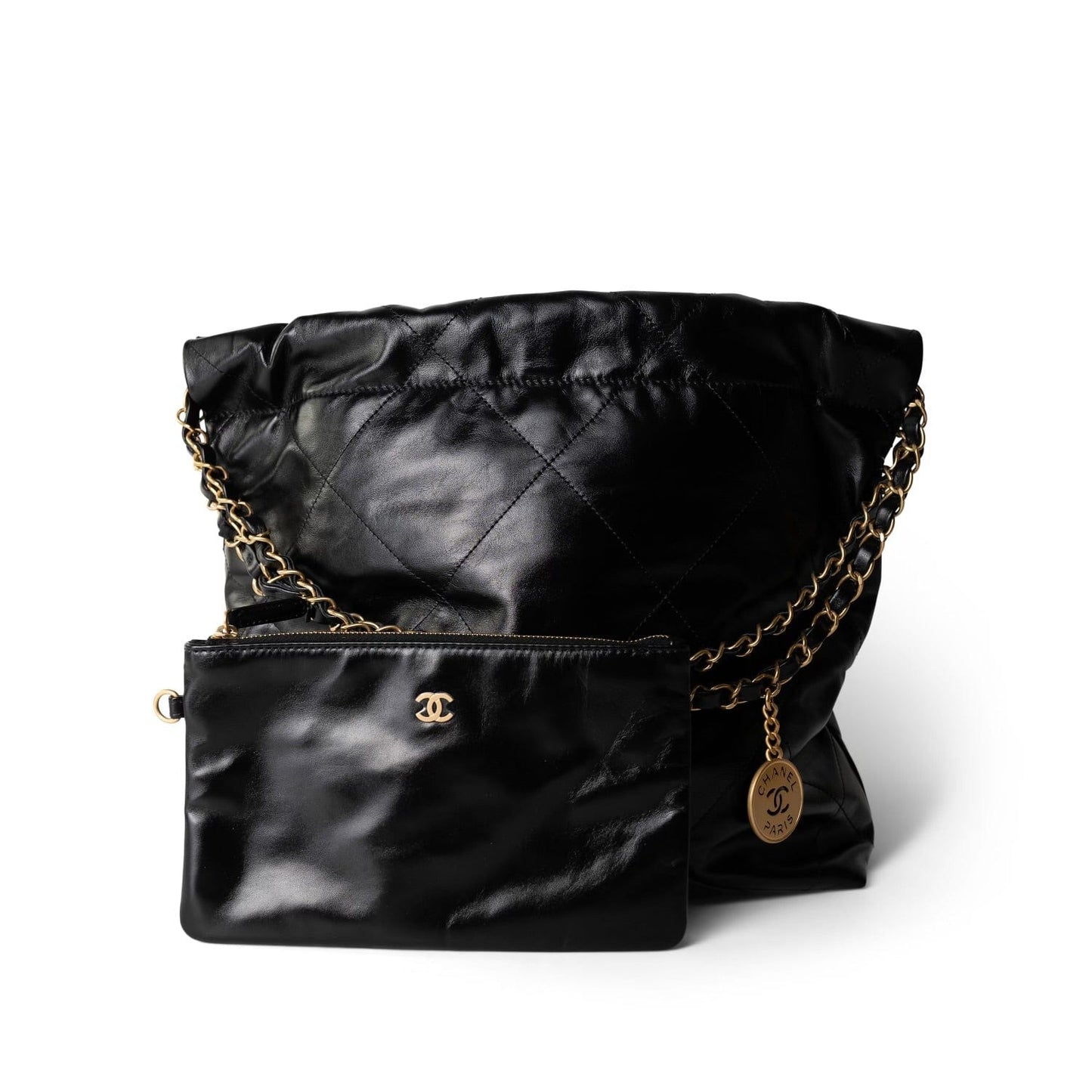 23A Black Calfskin Quilted 22 Hobo Bag Small Aged Gold Hardware