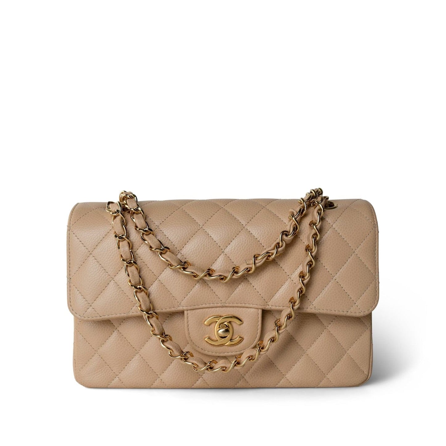 Beige Clair Caviar Quilted Small Classic Flap Gold Hardware