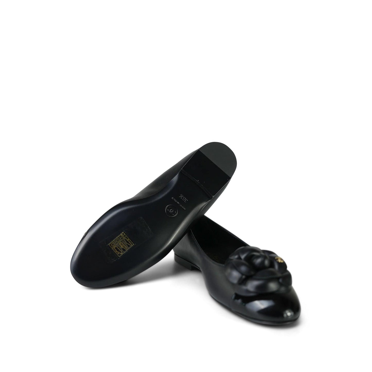 24P Black Lambskin Camellia CC Patent Cap Toe Ballerina Flats Size 36.5