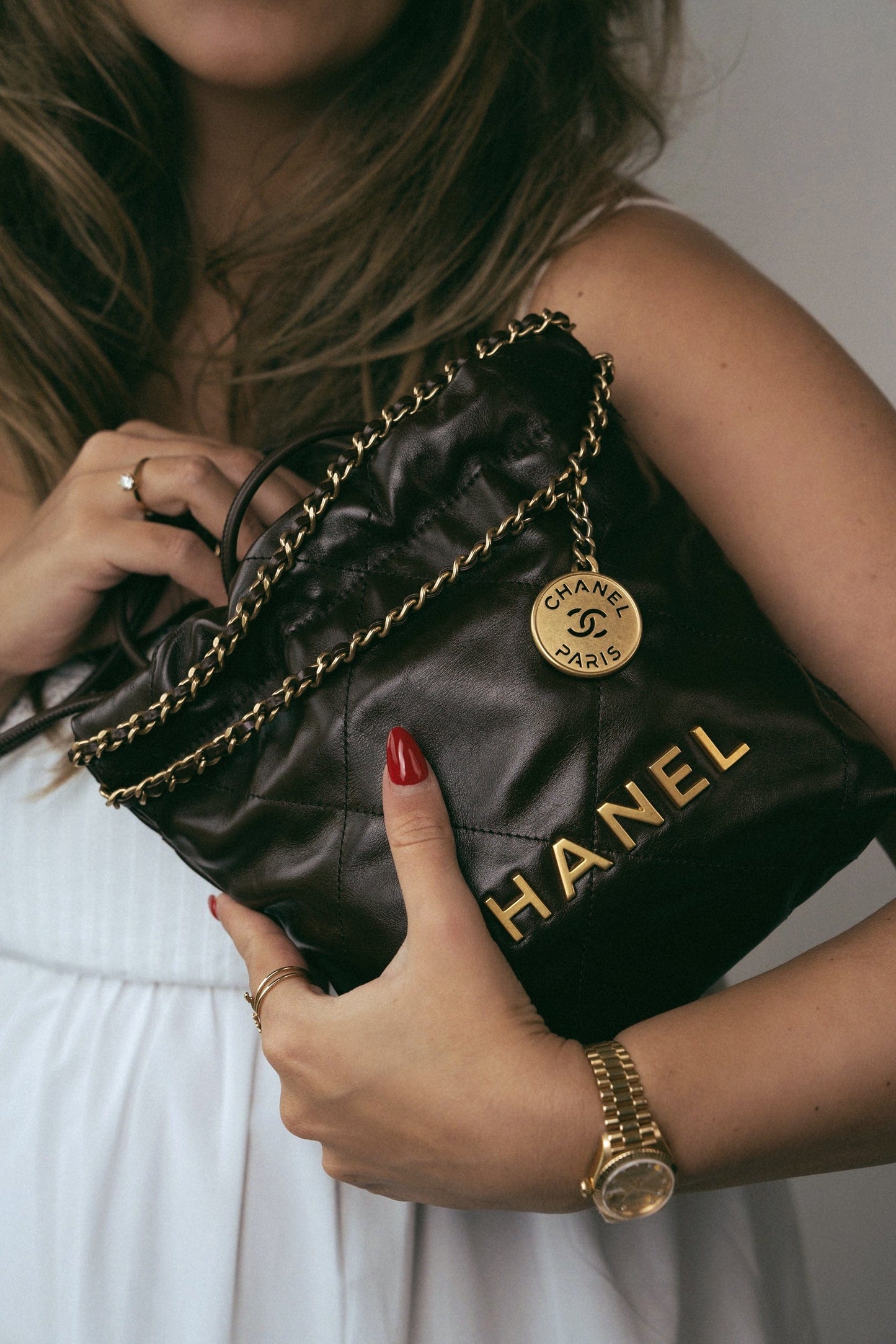 23A Brown Calfskin Quilted Mini 22 Bag Antique Gold Hardware