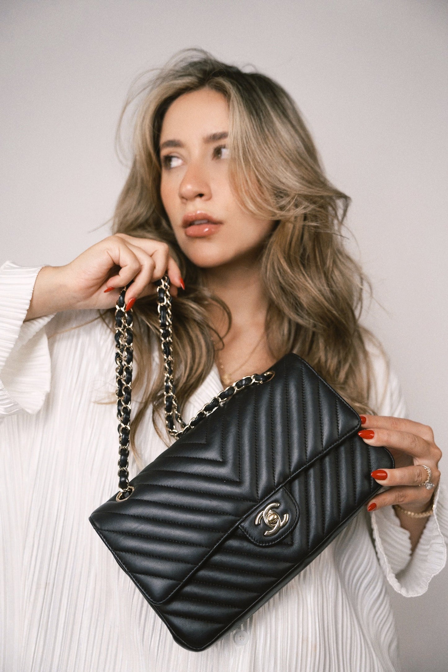 Black Lambskin Chevron Medium Classic Flap Light Gold Hardware