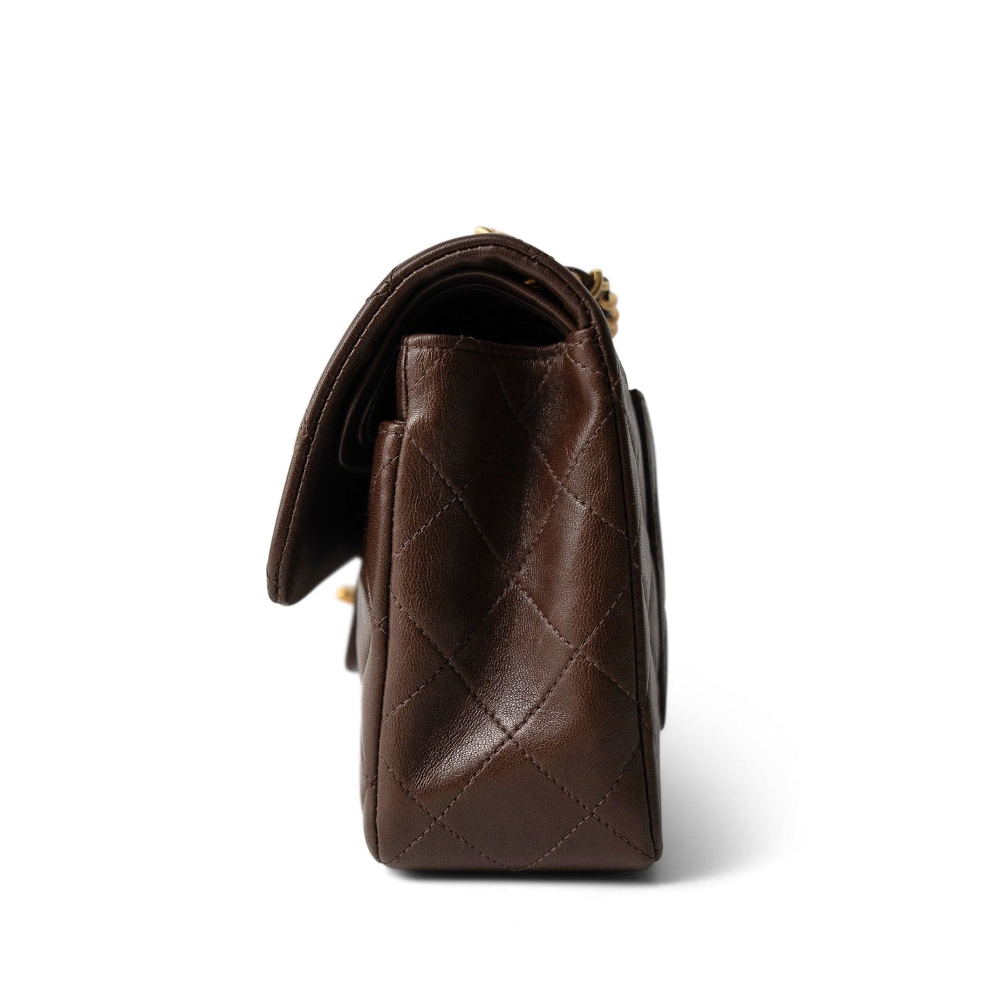 Small Brown Lambskin Quilted Classic Flap Gold Hardware