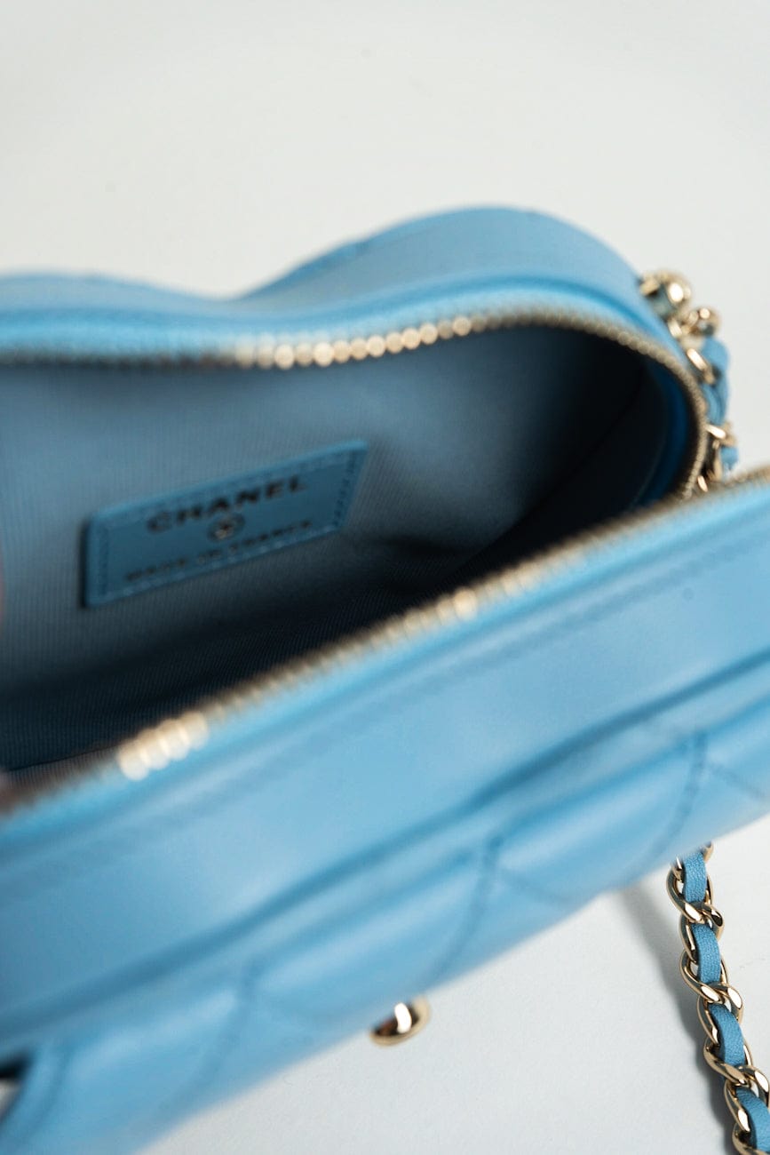 22S CC In Love Blue Lambskin Quilted Small (Clutch on Chain) Heart Bag LGHW