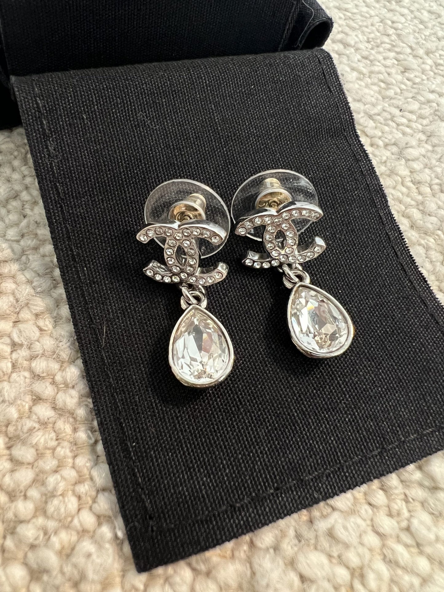 Chanel 21K Silver Crystal Drop Earrings