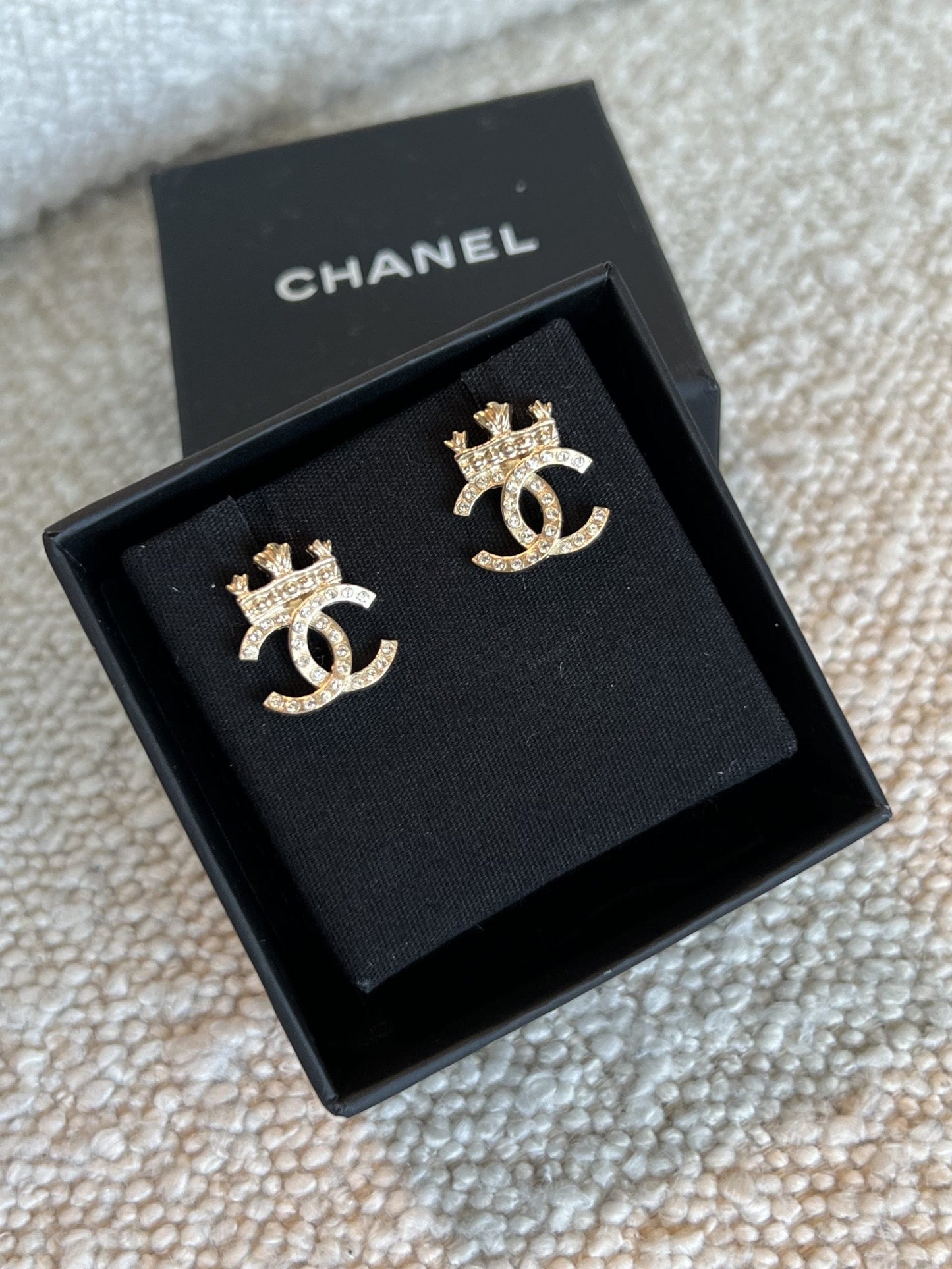 Chanel Crystal CC Crown Gold Earrings