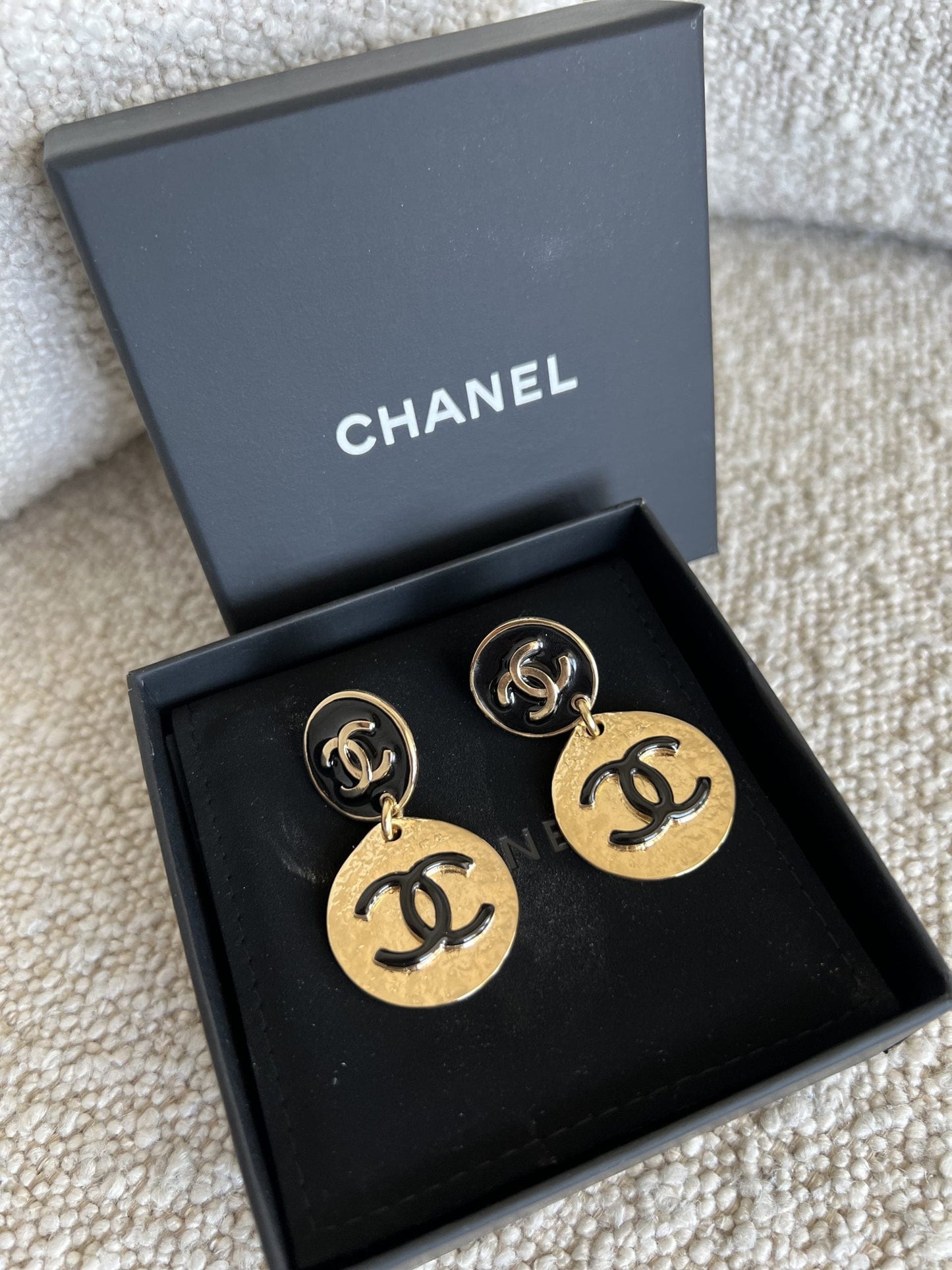 Chanel Gold Tone Black CC Logo Round Earrings