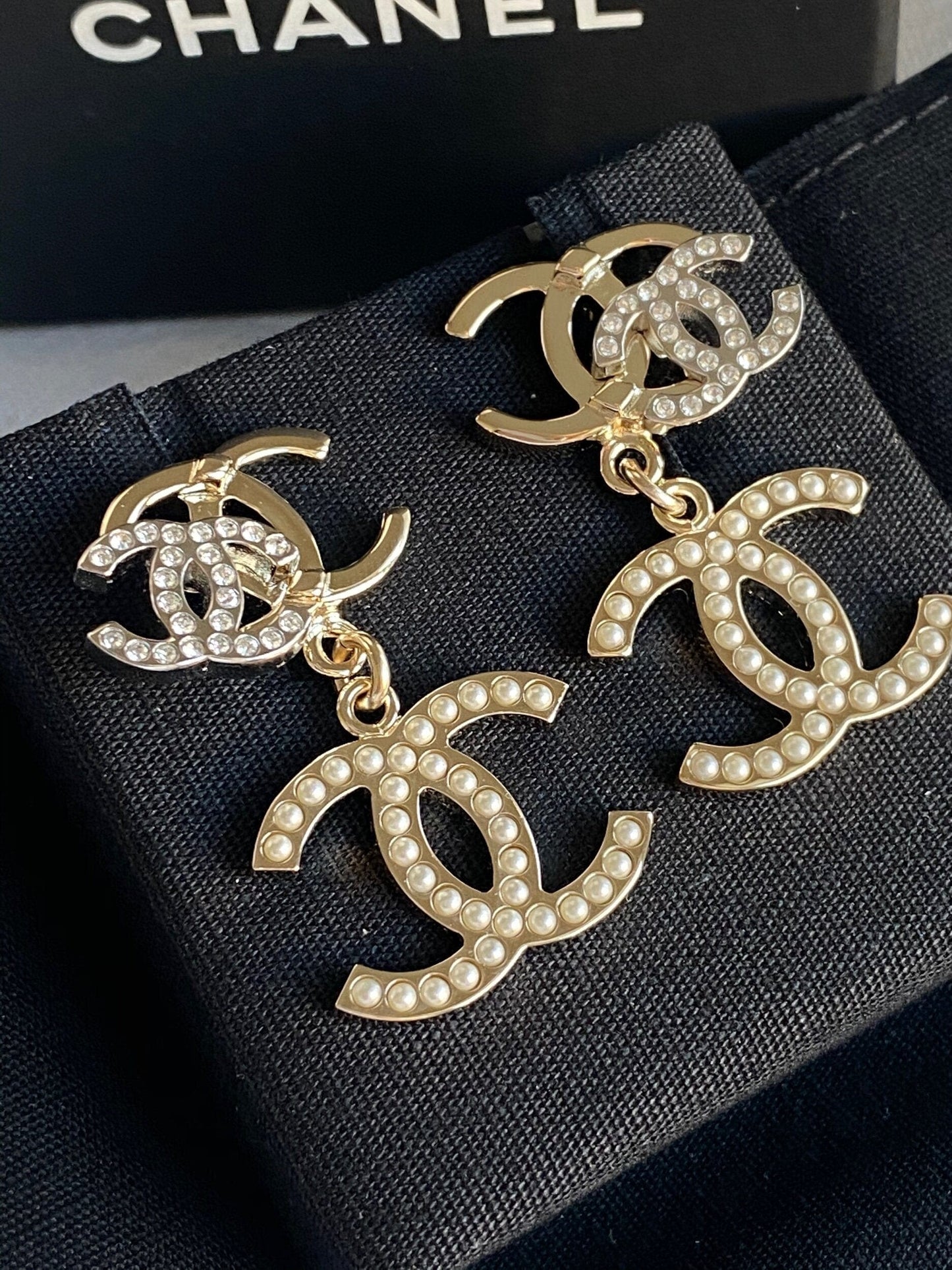Chanel Triple CC Pearly White Earrings Light Gold and Silver