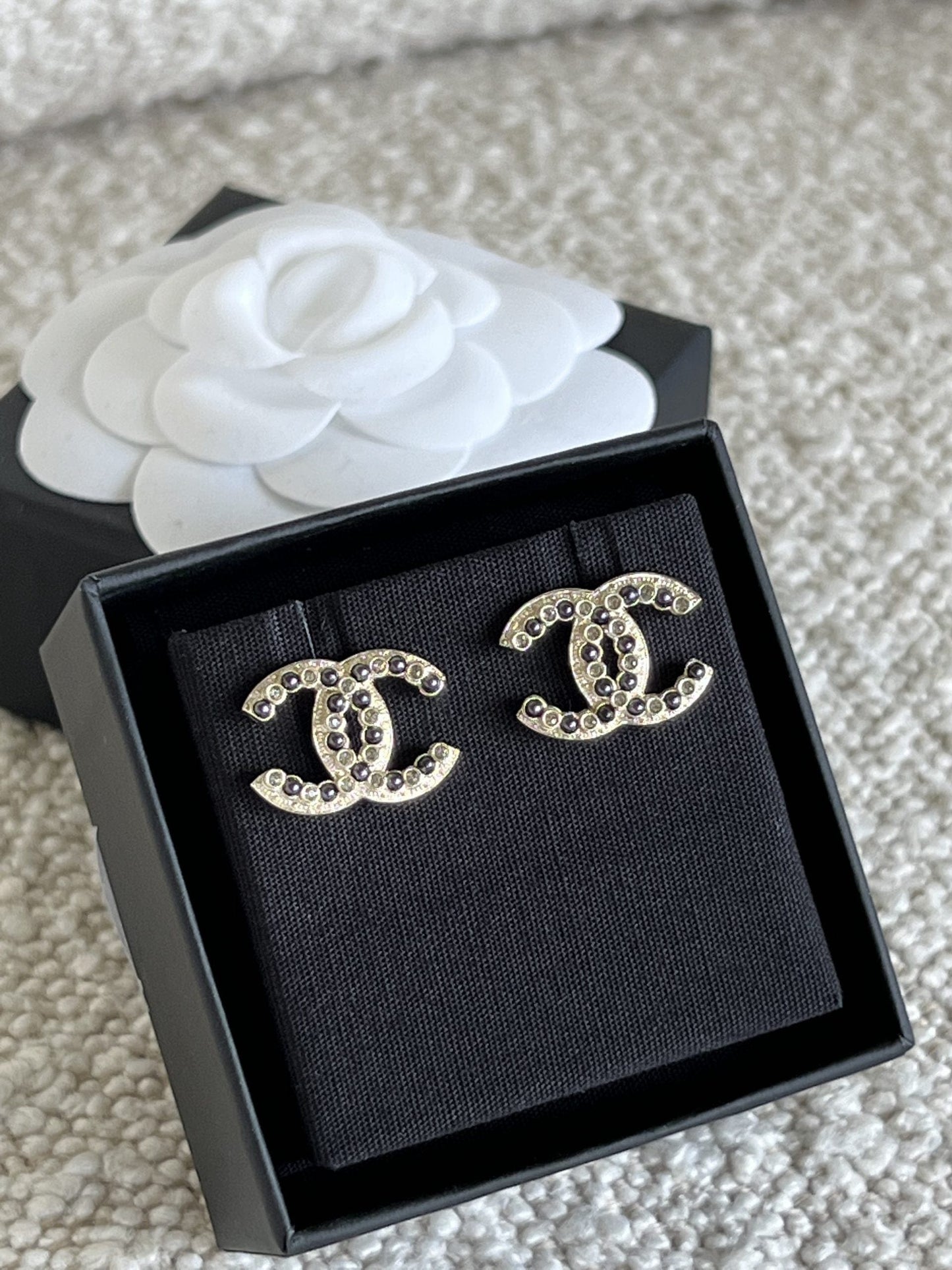 Chanel CC Crystal and Dark Pearl Earrings