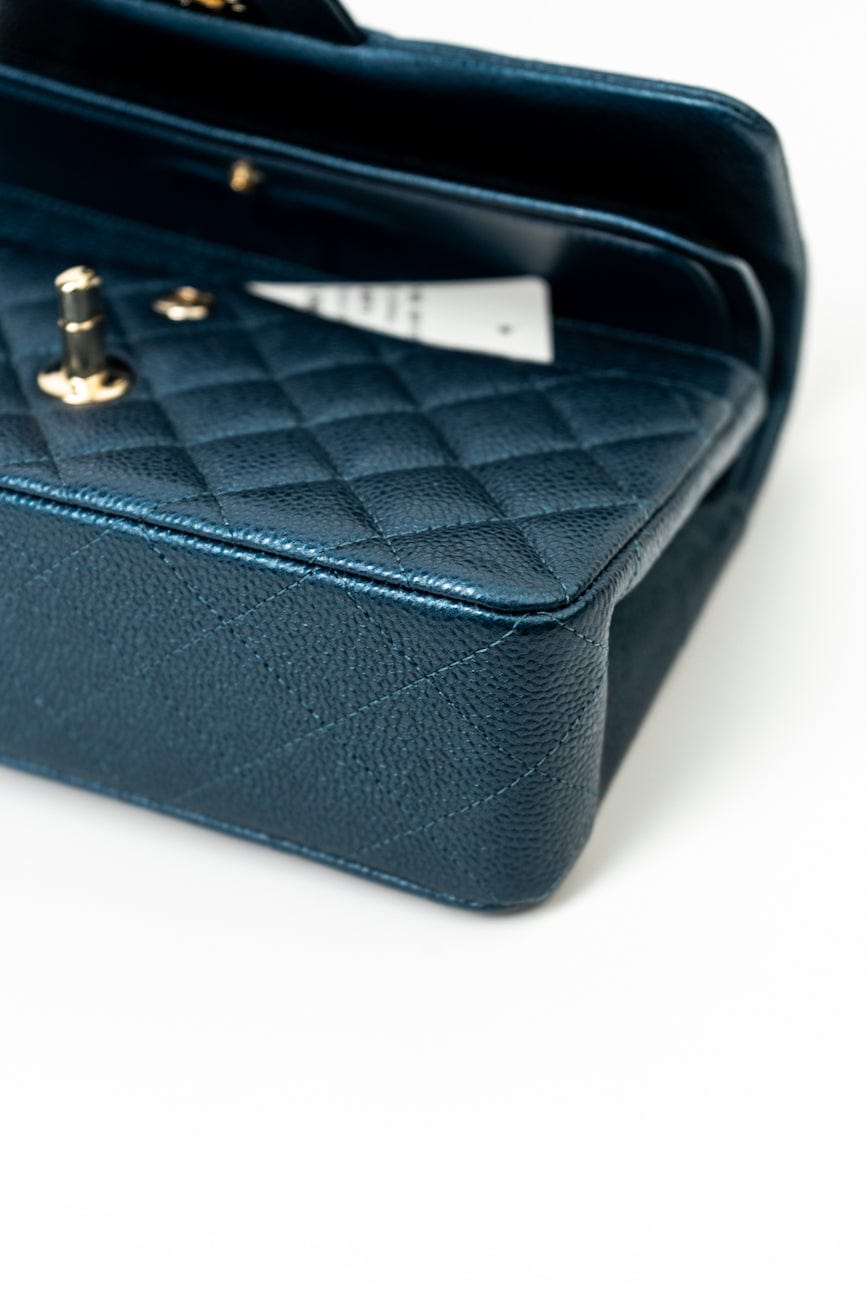 18S Dark Blue Small Caviar Quilted Classic Double Flap Light Gold Hardware