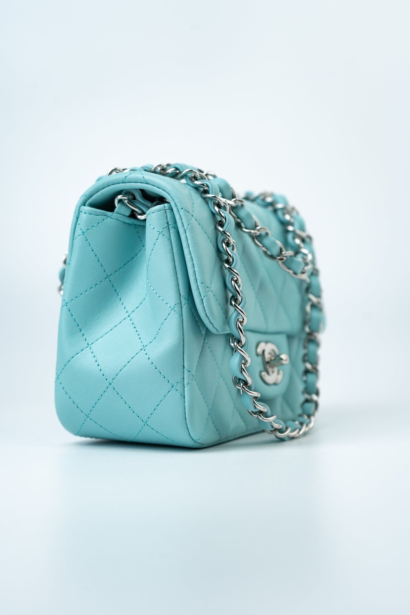 19c Tiffany Blue Lambskin Quilted Mini Square Single Flap Silver Hardware