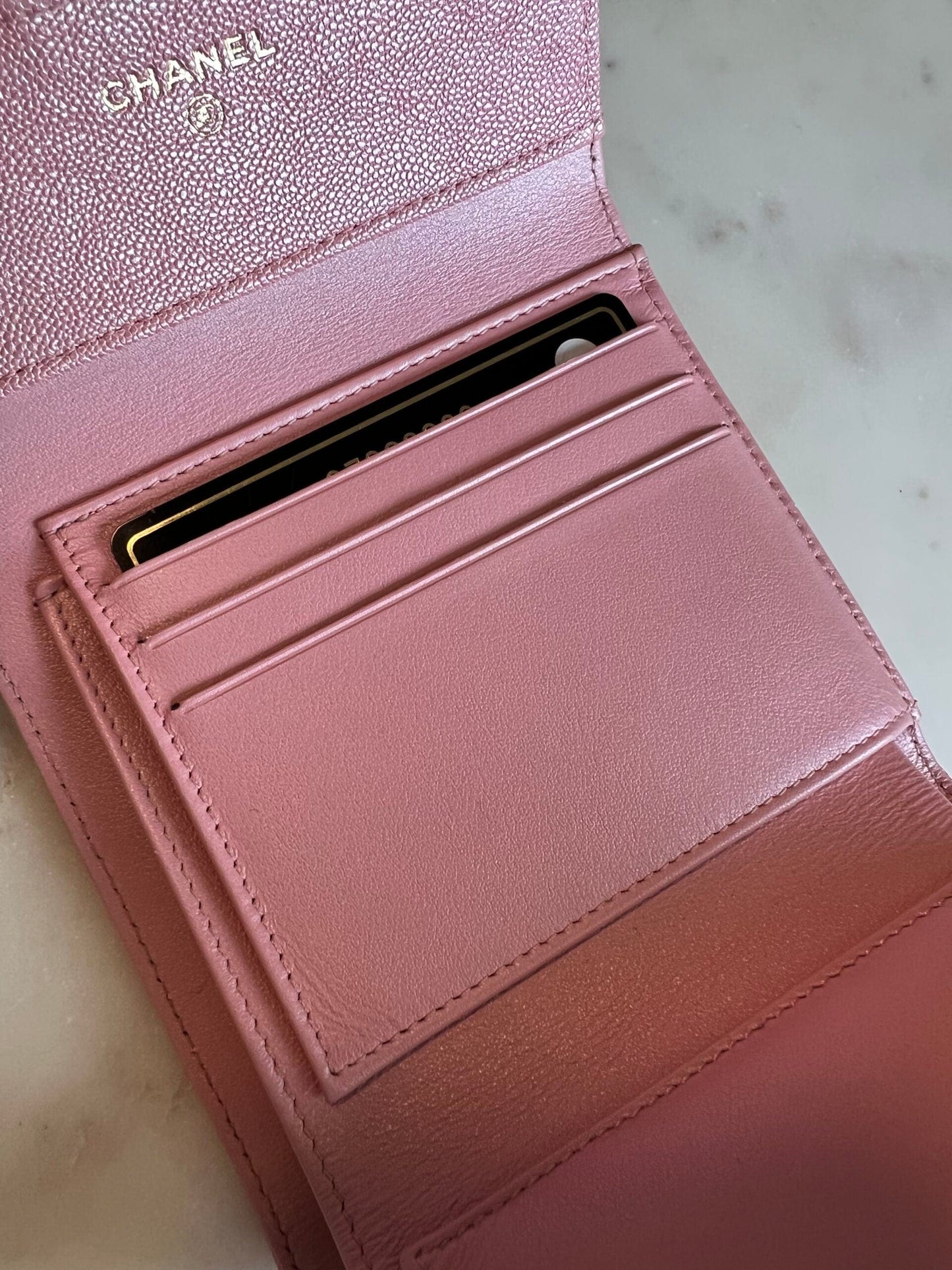 19S Pink Iridescent Caviar Quilted Flap Wallet