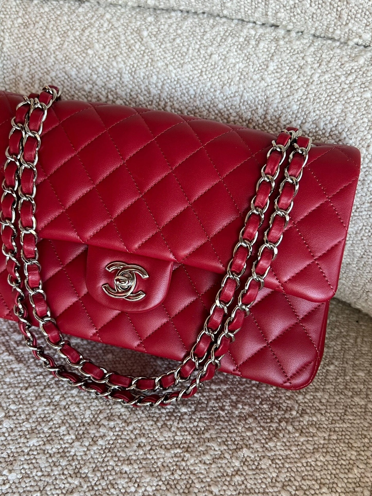 20B Red Lambskin Quilted Classic Flap Medium SHW