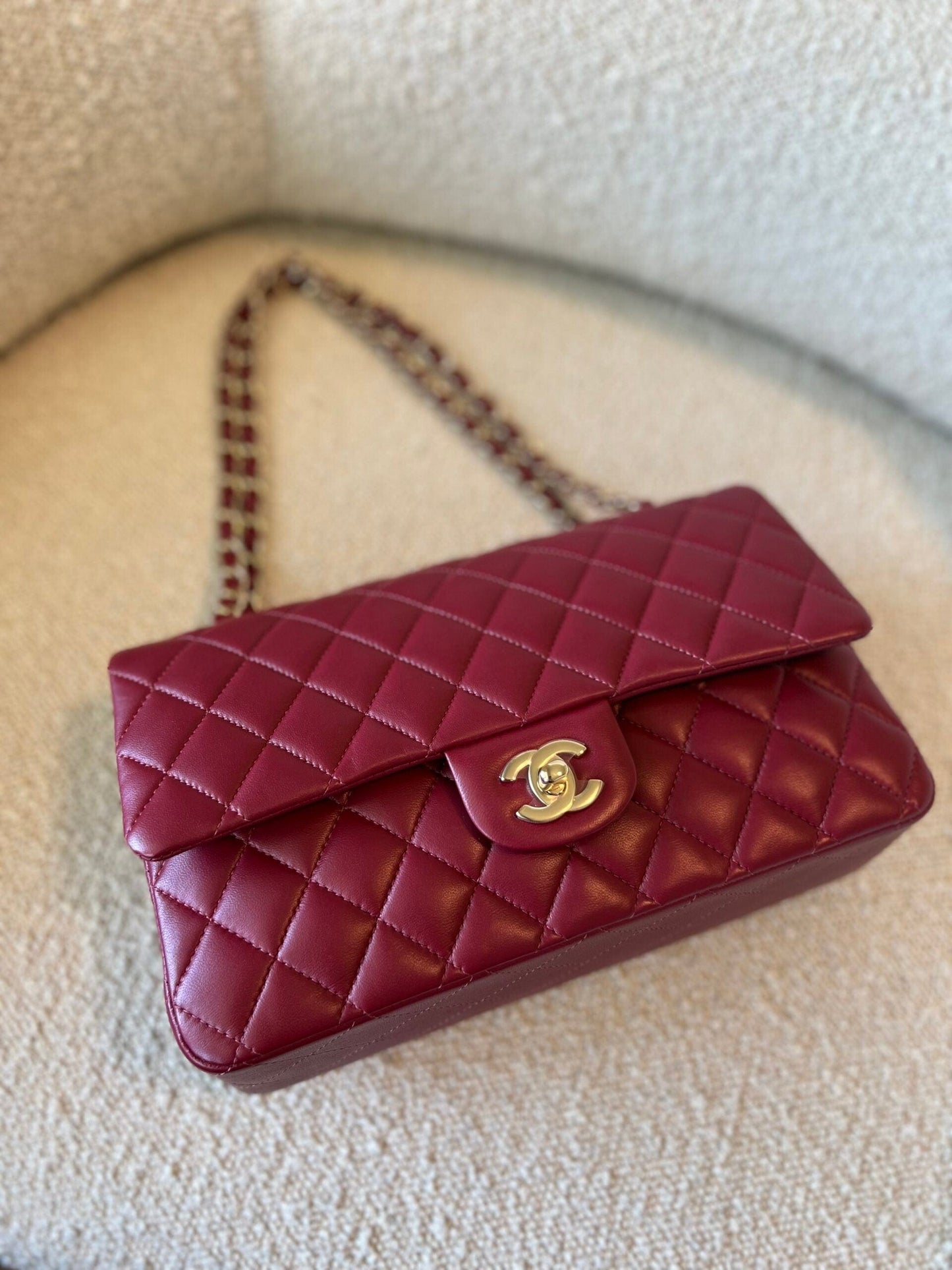 21A Burgundy Lambskin Quilted Classic Flap Medium LGHW
