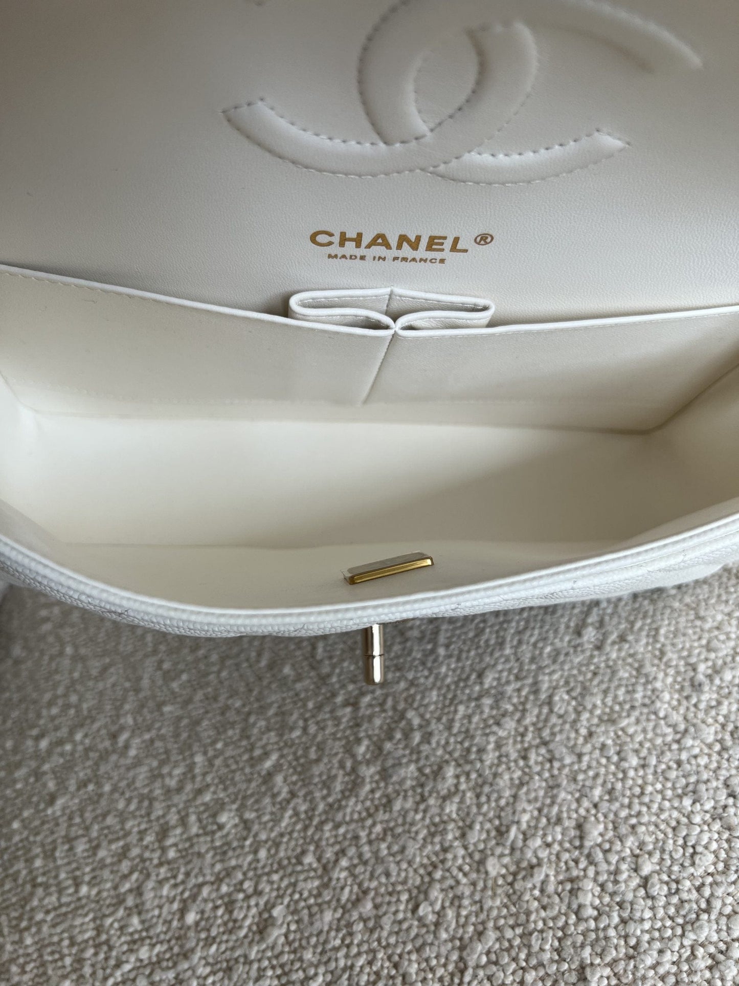 21A White Caviar Quilted Classic Flap Medium LGHW