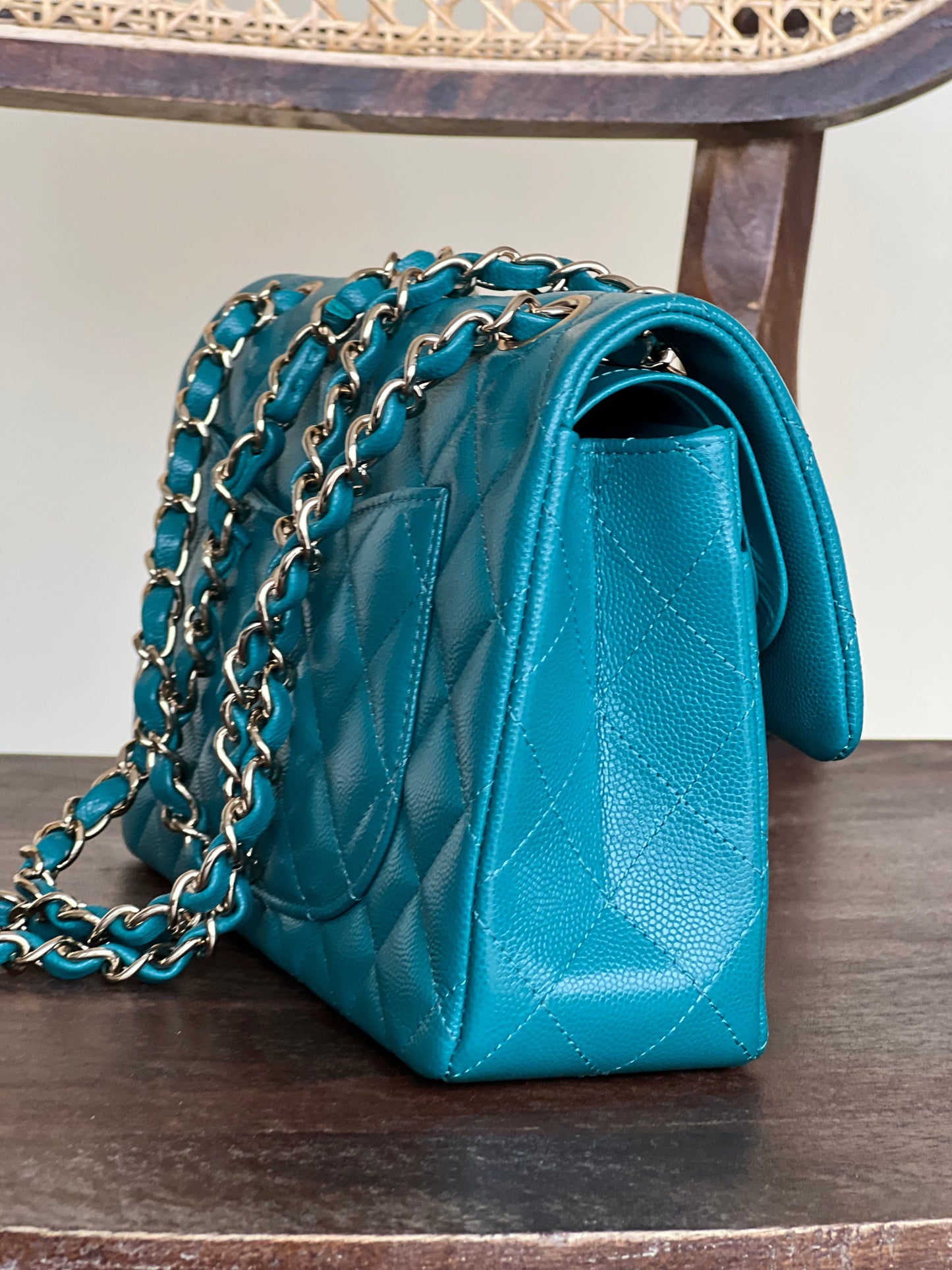 21C Dark Teal Caviar Quilted Classic Double Flap Small Light Gold Hardware