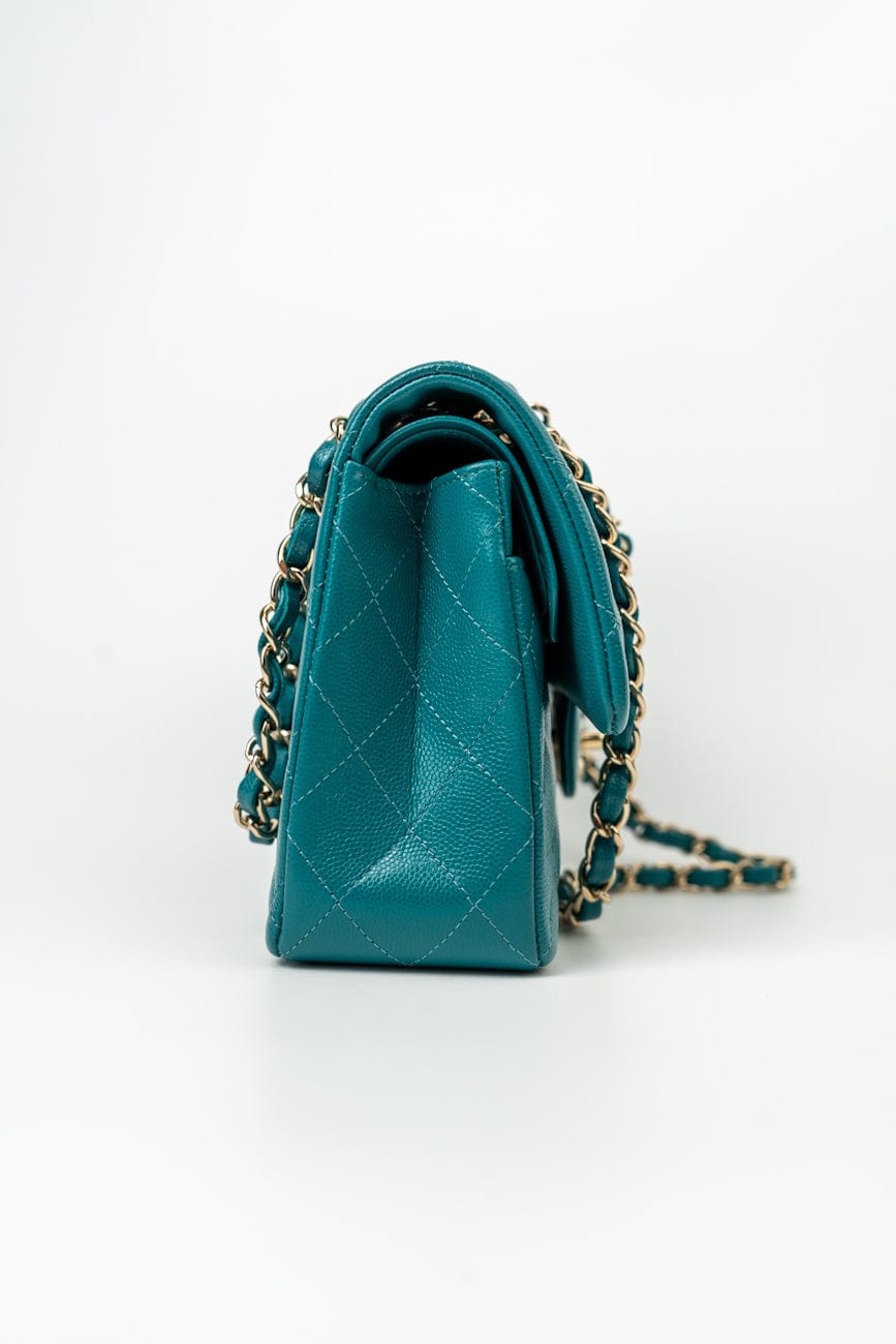 21C Dark Teal Caviar Quilted Classic Double Flap Small Light Gold Hardware