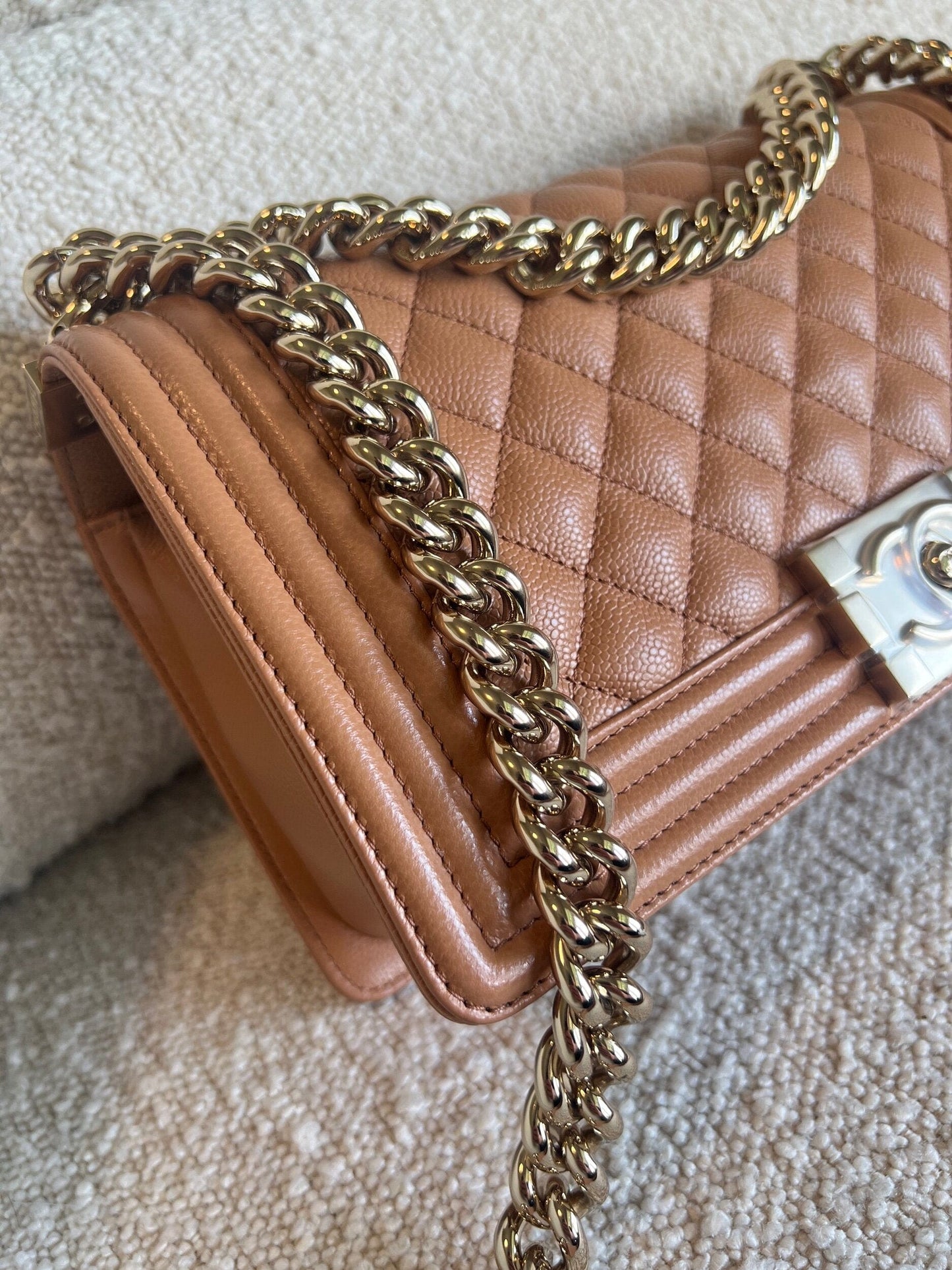 21K Caramel Caviar Quilted Old Medium Boy Bag LGHW