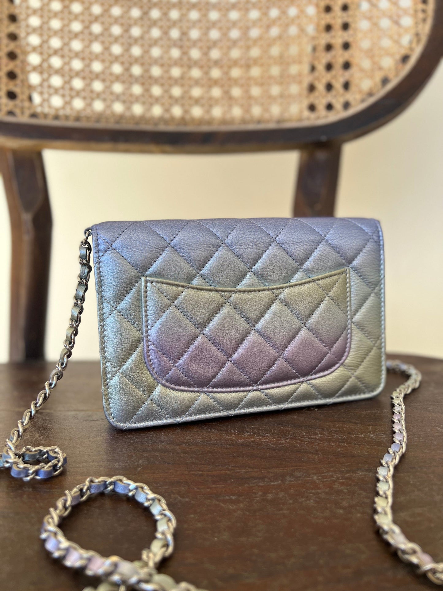 21K Gradient Metallic Rainbow Calfskin Quilted Wallet on Chain (WOC)
