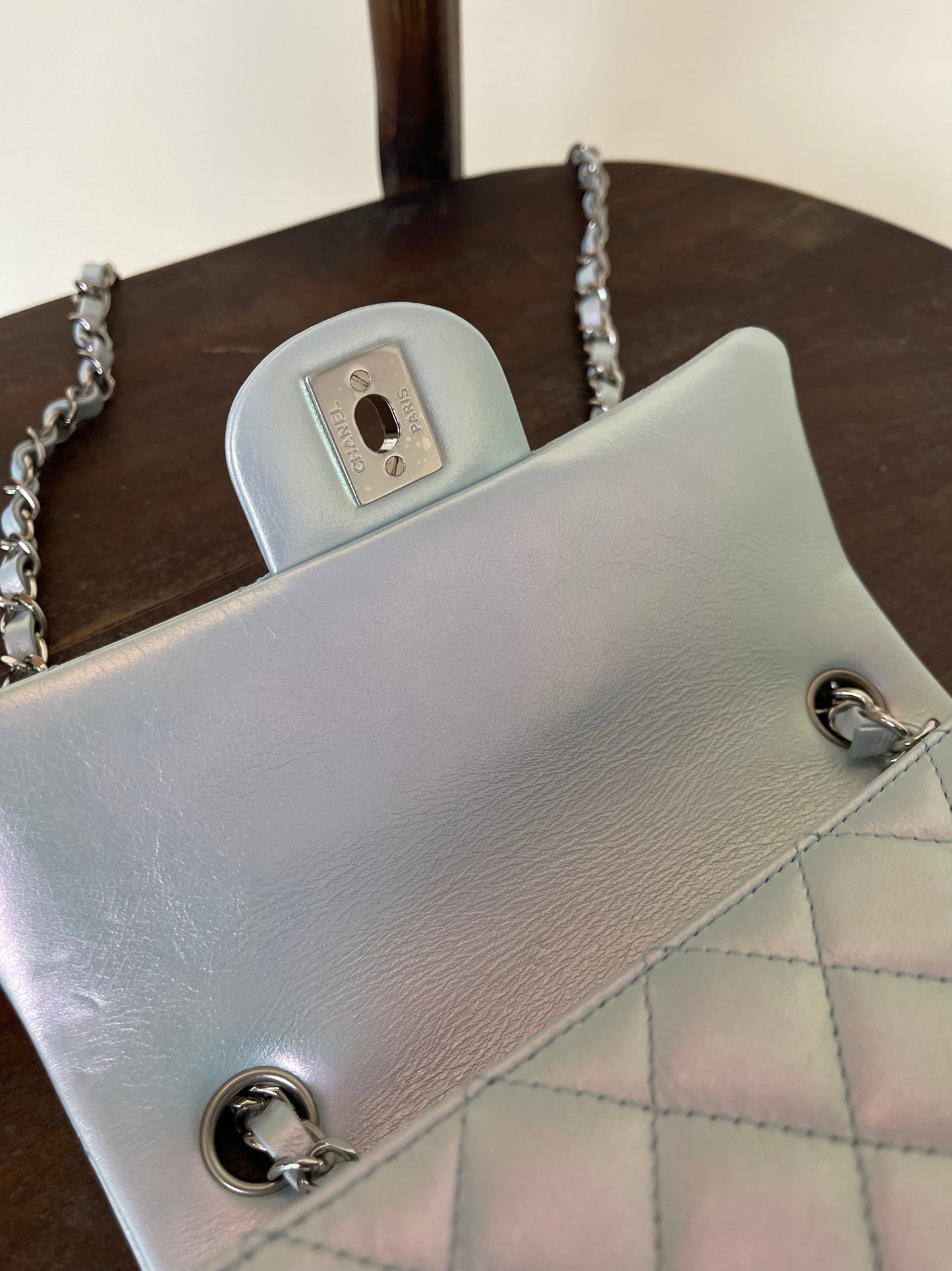 21K Iridescent Blue Calfskin Quilted Rectangular Mini SHW