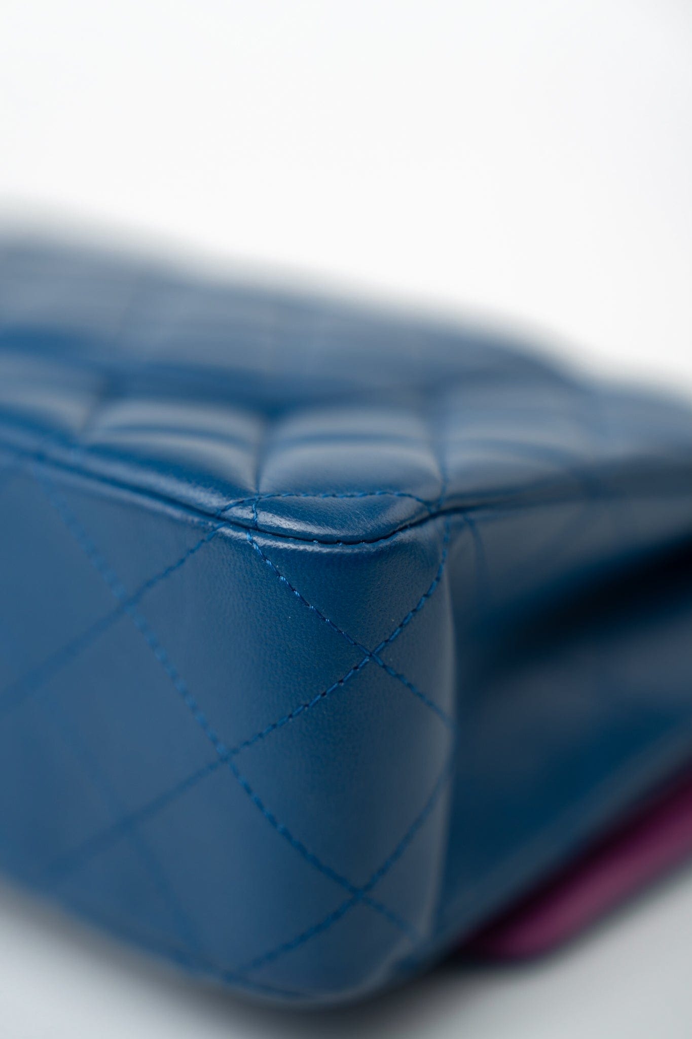 21P Blue Lambskin Quilted Classic Flap Medium Rainbow Hardware