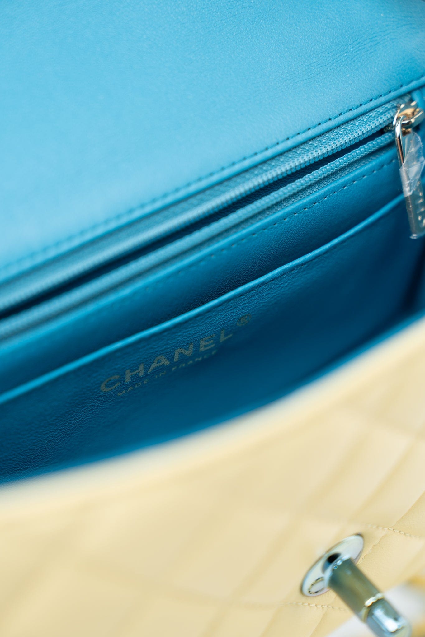 21P Yellow Lambskin Quilted Mini Rectangular Single Flap Blue Interior / Rainbow Hardware