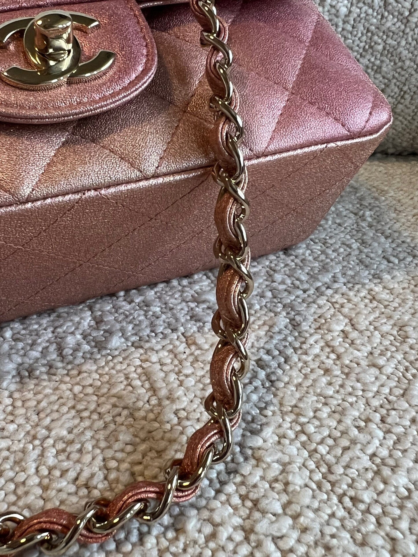 21S Chanel Metallic Rose Gold Calfskin Quilted Mini Rectangular Single Flap LGHW