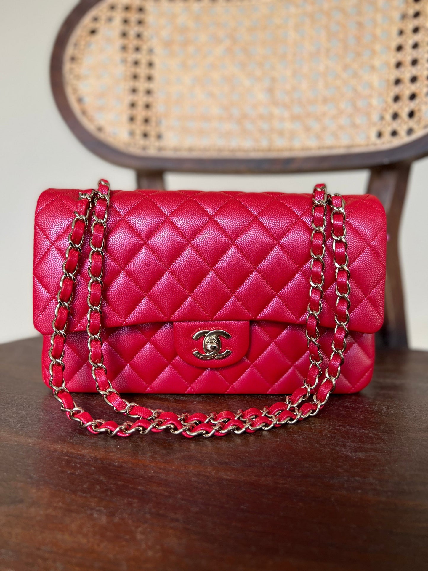 21S Red Iridescent Caviar Quilted Classic Flap Medium