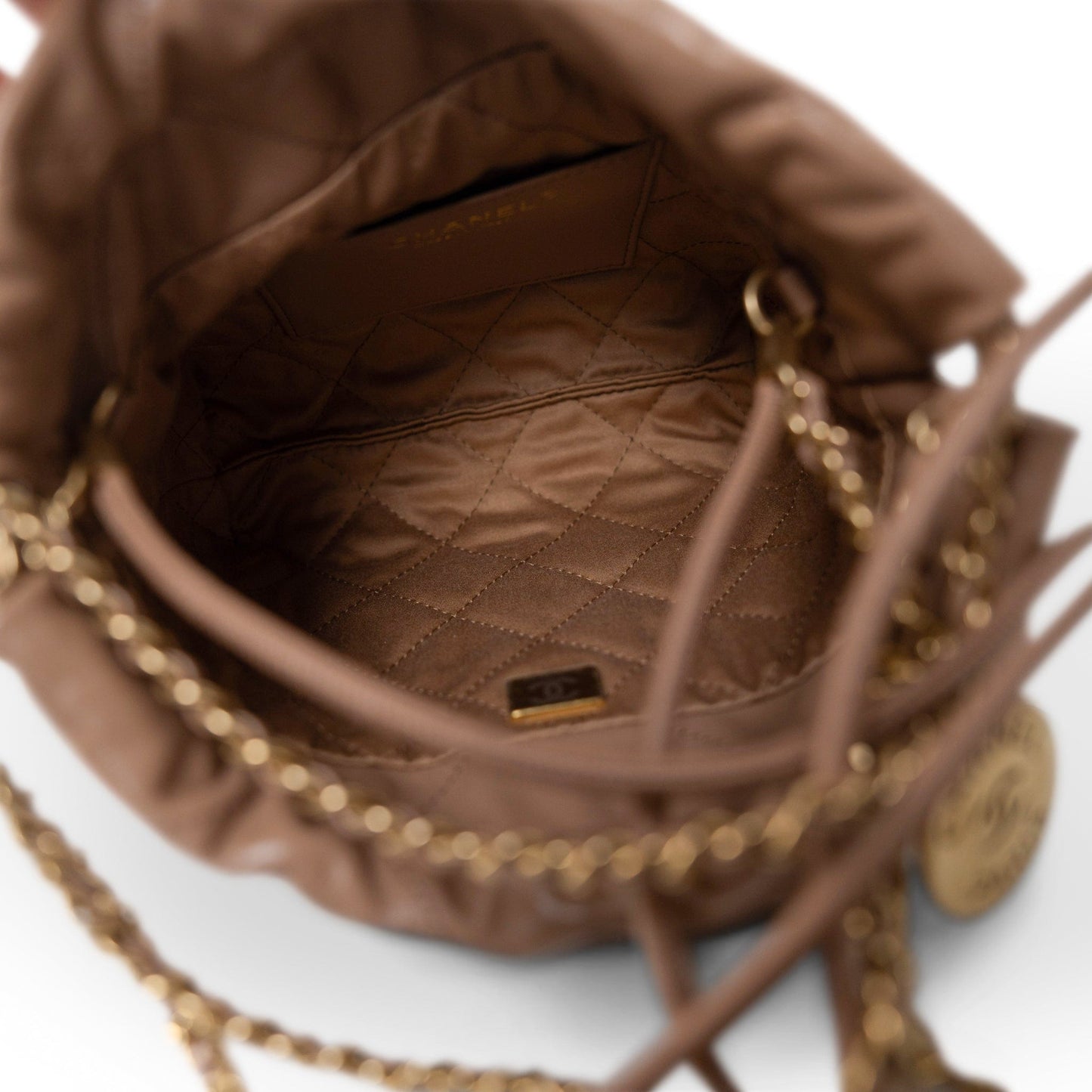 Dark Beige Calfskin Quilted Mini 22 Hobo Bag Antique Gold Hardware