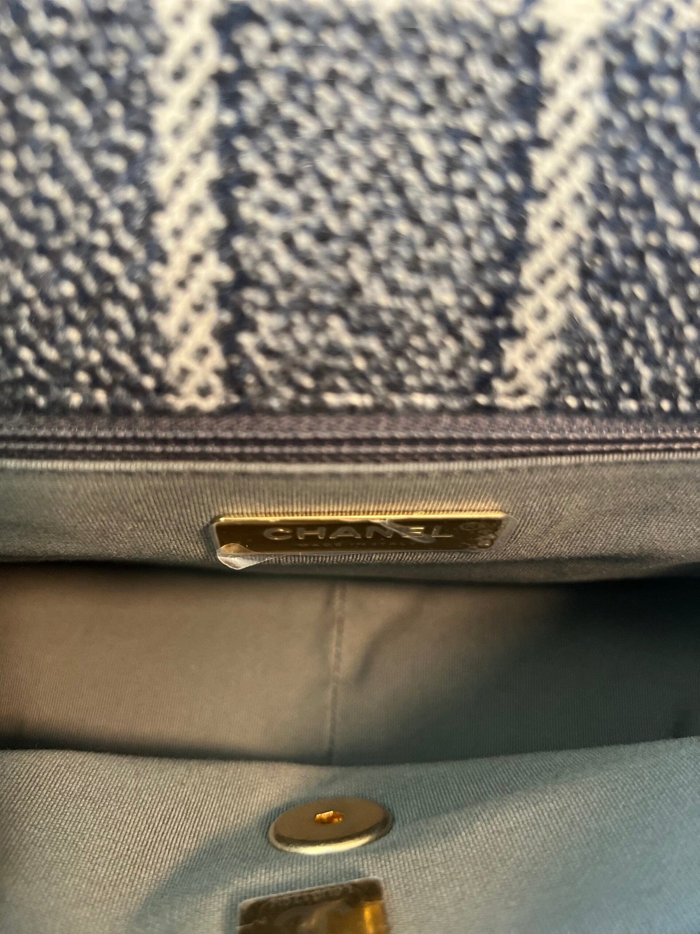 22A Navy Blue Ecru Tweed Quilted 19 Flap Small Mixed Hardware