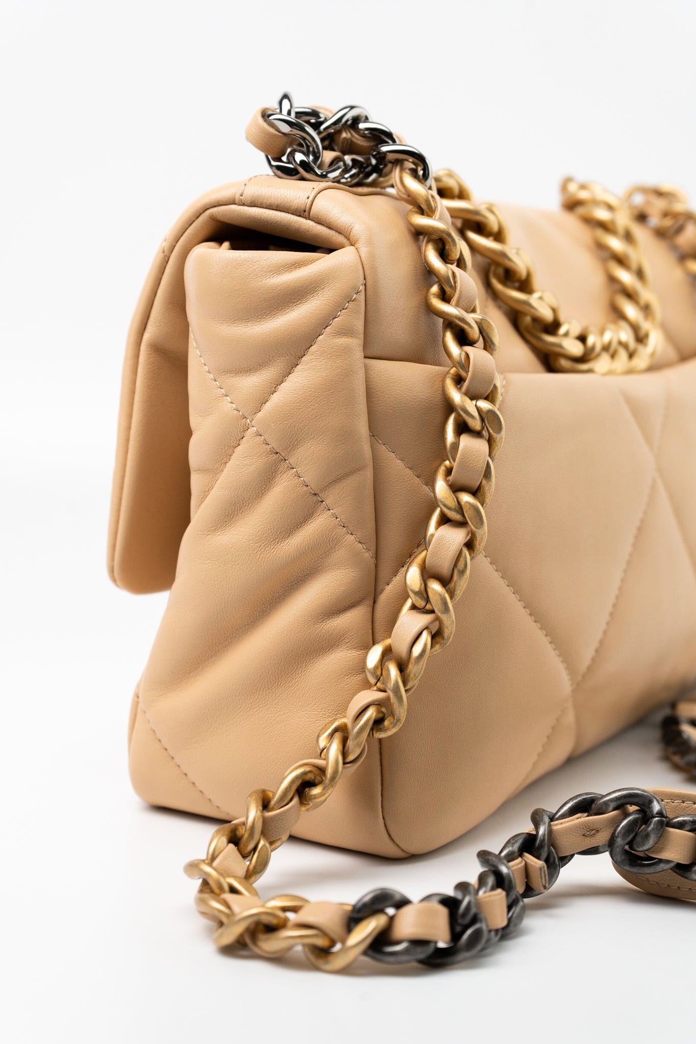 22C Beige Lambskin Quilted 19 Flap Small Mixed Hardware