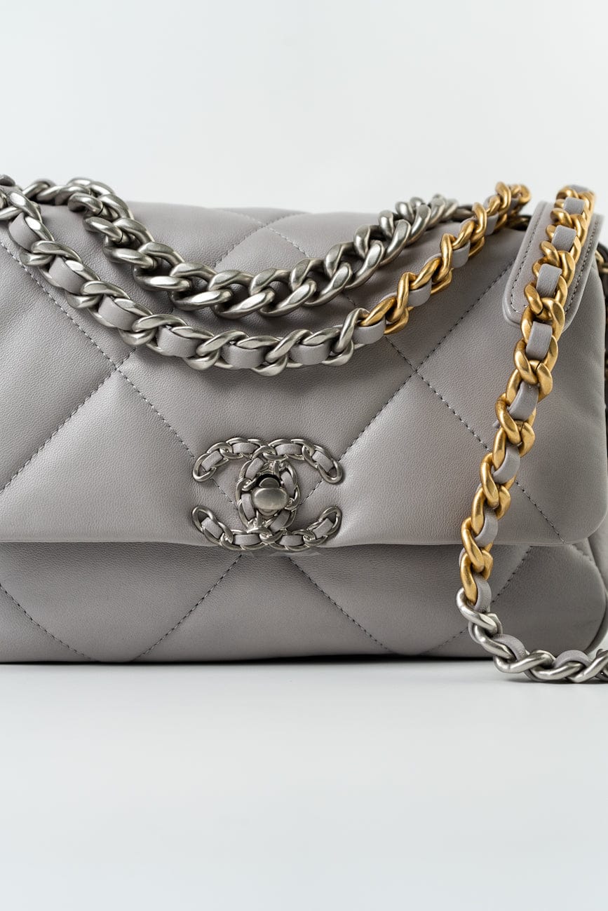22C Light Grey Lambskin Quilted 19 Flap Small