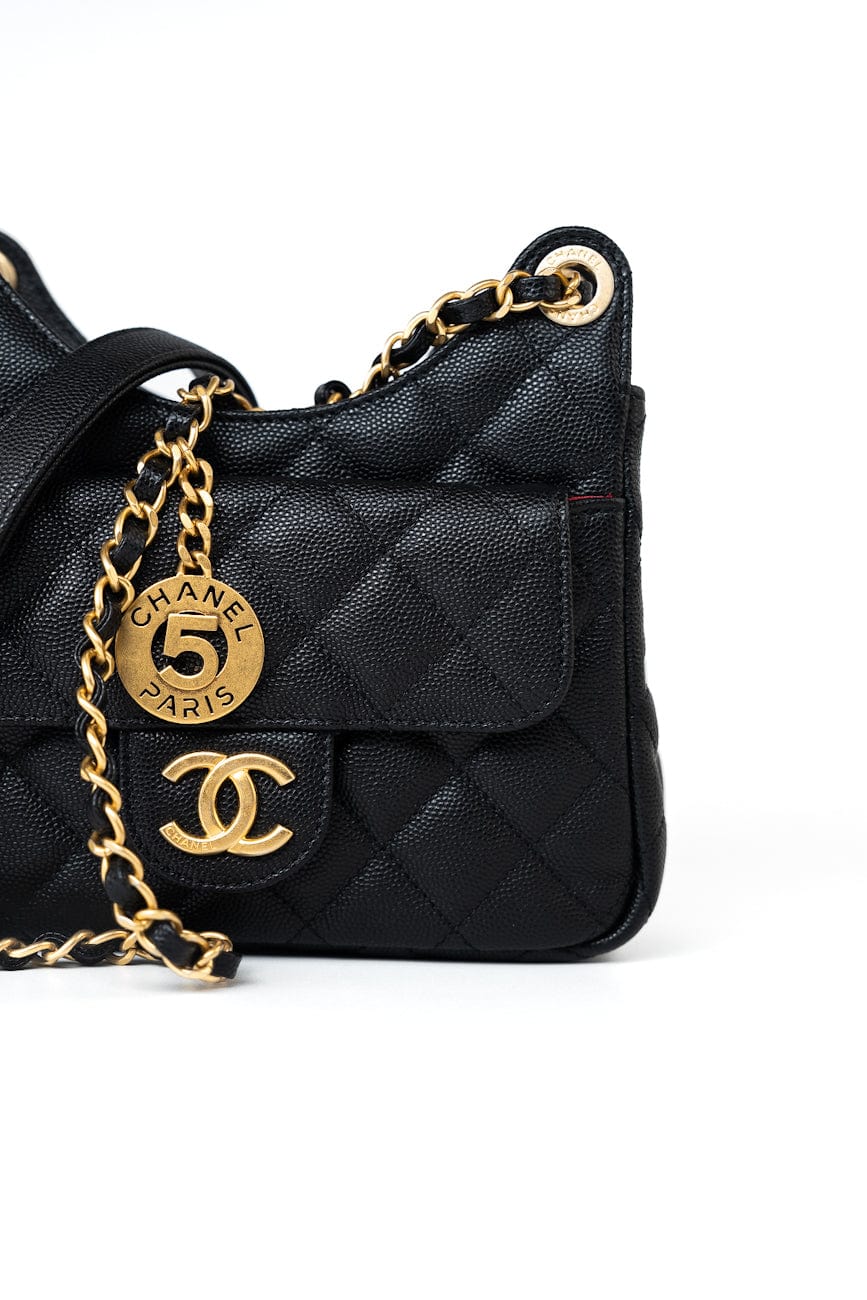 23P Black Caviar Quilted Hobo Bag Small Antique Gold Hardware