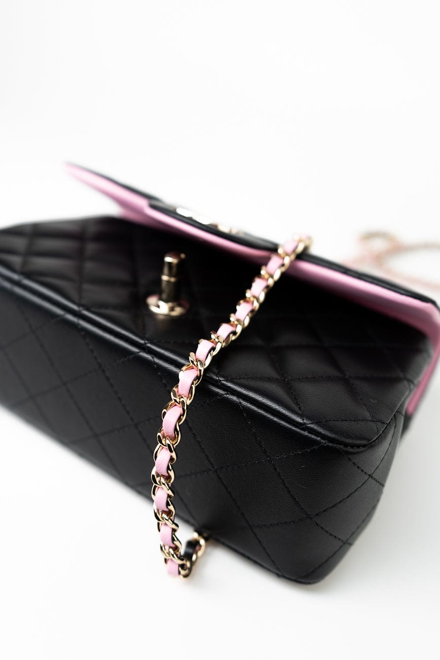 23P Mini Top Handle Black/Pink Lambskin Quilted w/ Light Gold Hardware