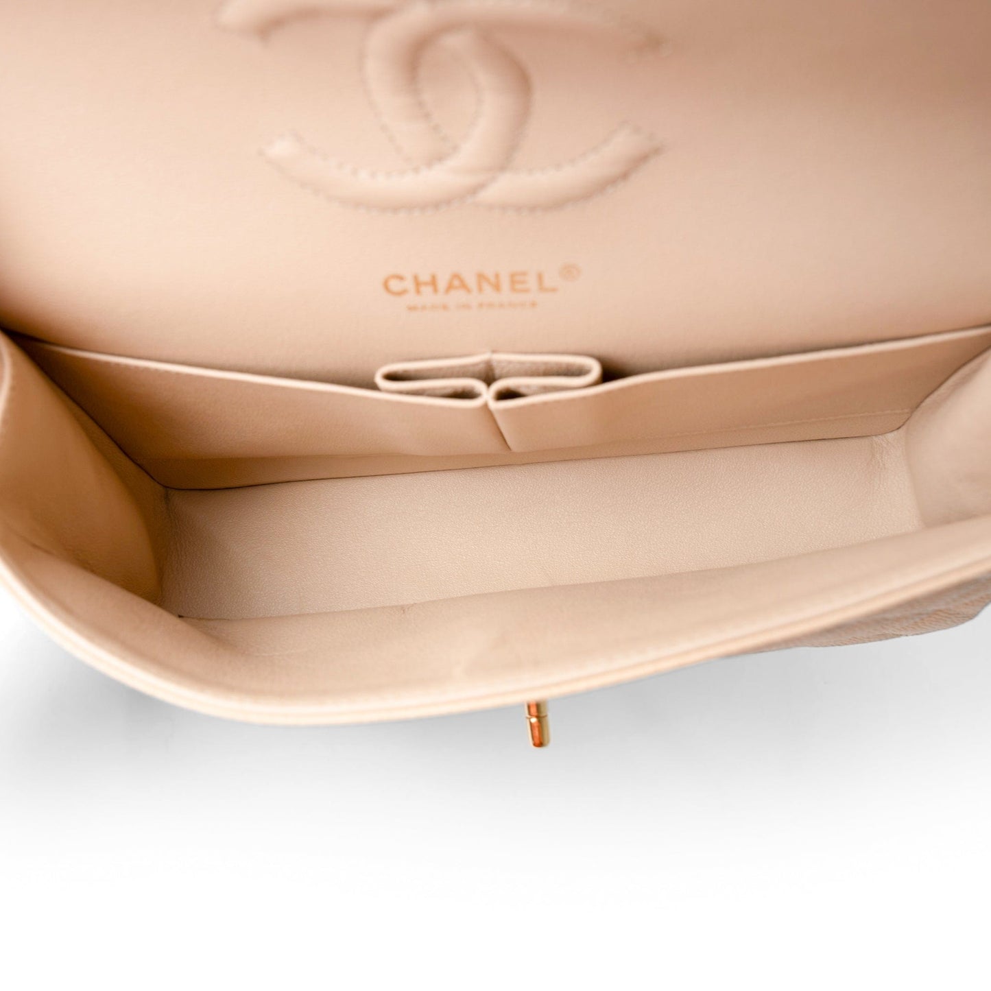 Beige Clair Caviar Quilted Classic Flap Medium Gold Hardware