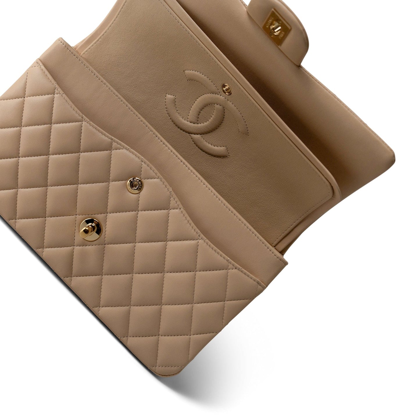 Beige Clair Lambskin Quilted Classic Flap Medium Gold Hardware