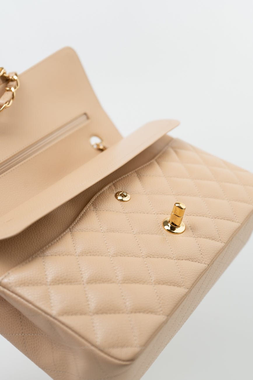 Beige Clair Caviar Quilted Classic Double Flap Medium Gold Hardware