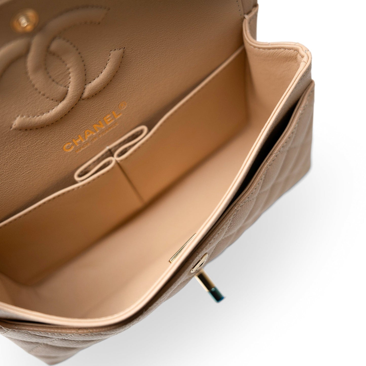 Beige Clair Caviar Quilted Classic Flap Small Gold Hardware