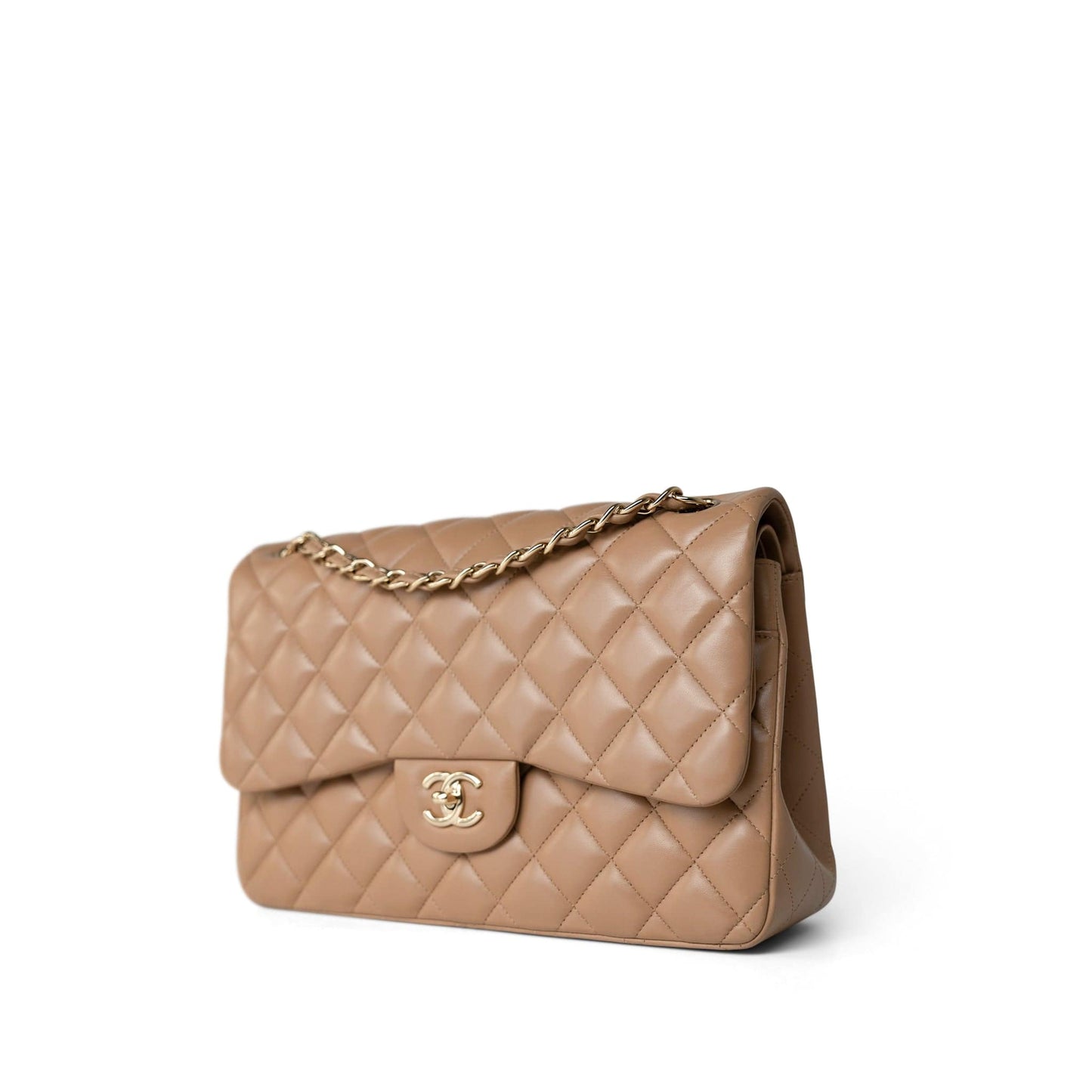 Dark Beige / Caramel Lambskin Quilted Jumbo Classic Flap Light Gold Hardware