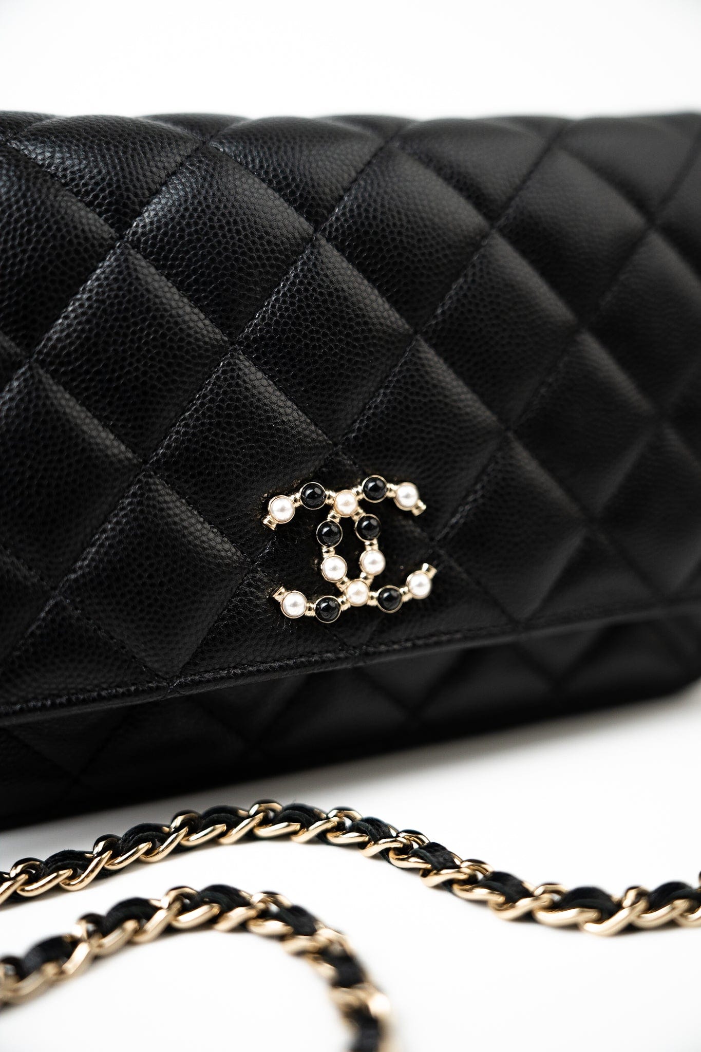 Black Caviar Quilted Wallet On Chain Pearly CC Light Gold Hardware (woc