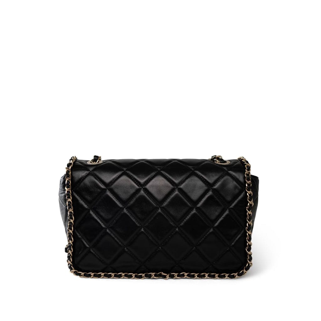 Black Crumpled Calfskin Medium Chain Around Flap Bag Light Gold Hardware