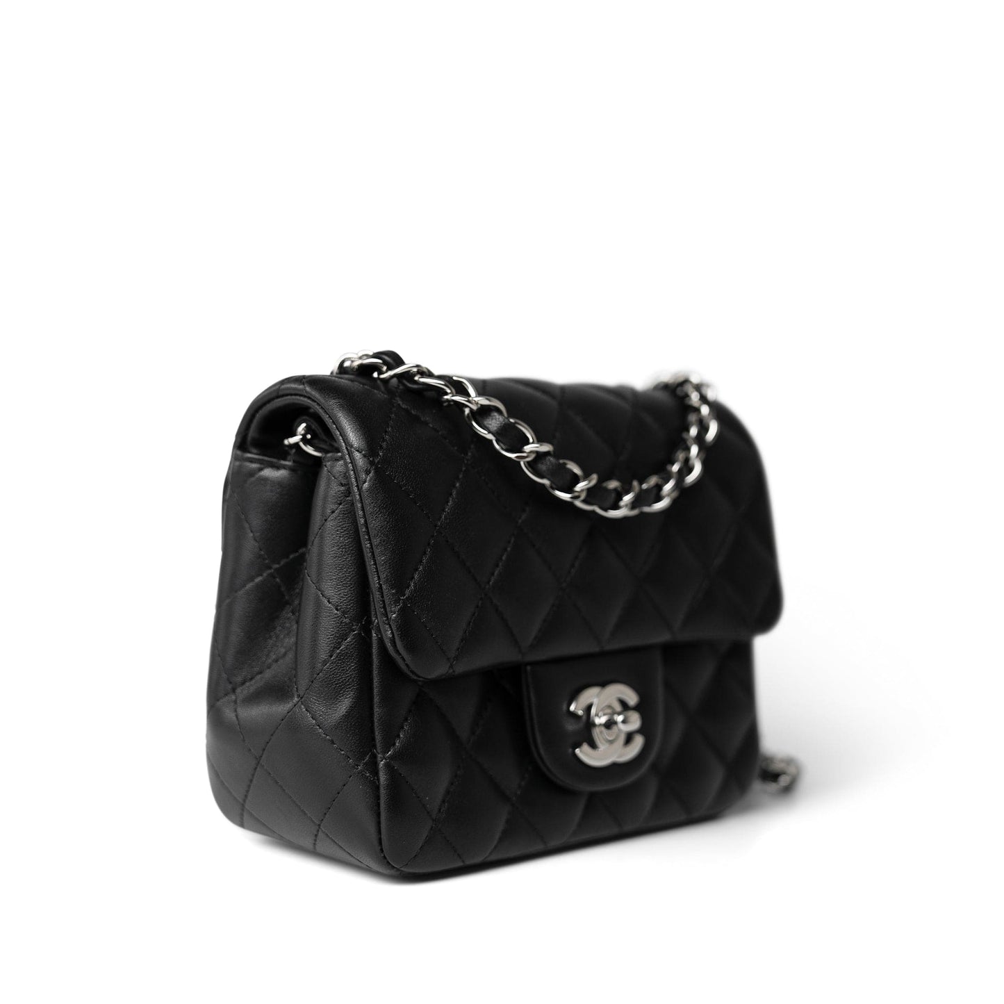 Black Lambskin Quilted Mini Square Flap Silver Hardware