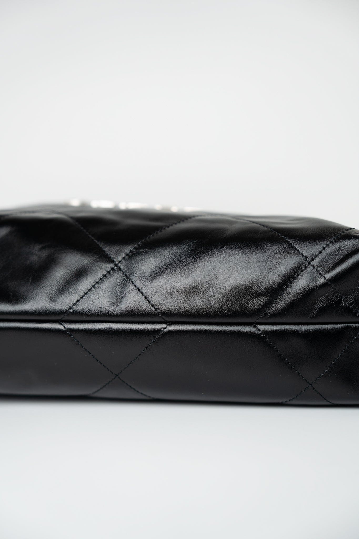 Black Calfskin Quilted Drawstring 22 Bag Small Antique Silver Hardware