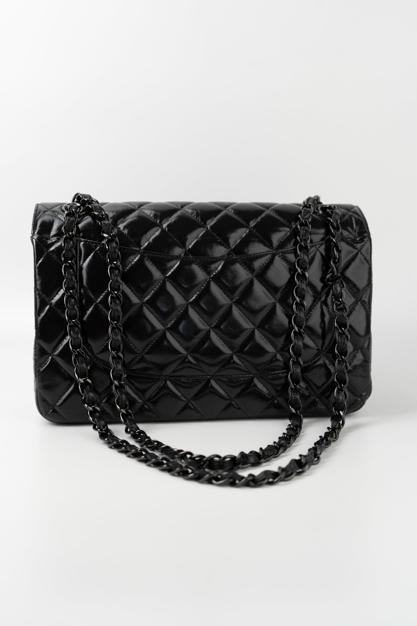 So Black Shiny Crumpled Calfskin Quilted Jumbo Double Flap