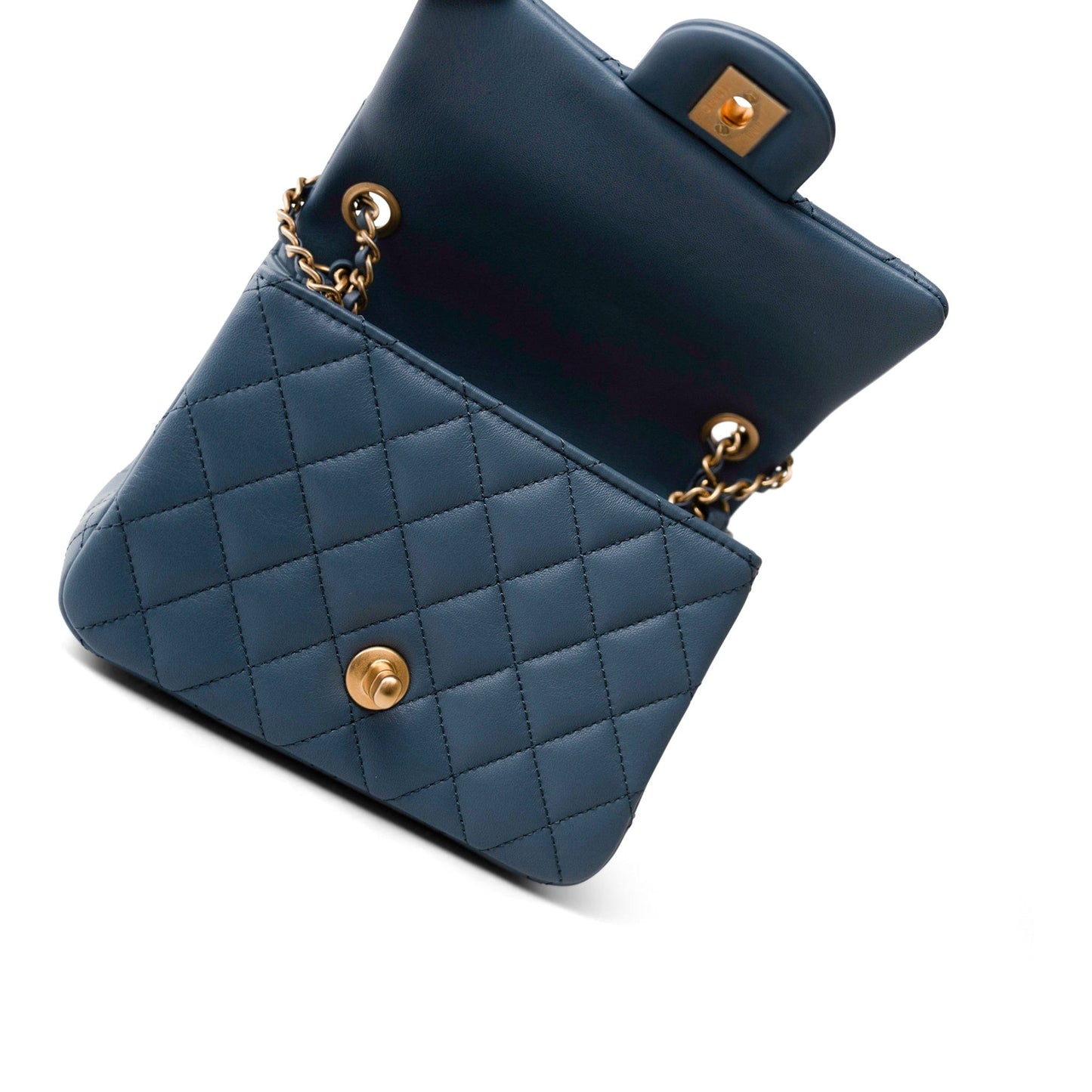 23K Blue Lambskin Quilted Mini Square Pearl Crush Antique Gold Hardware
