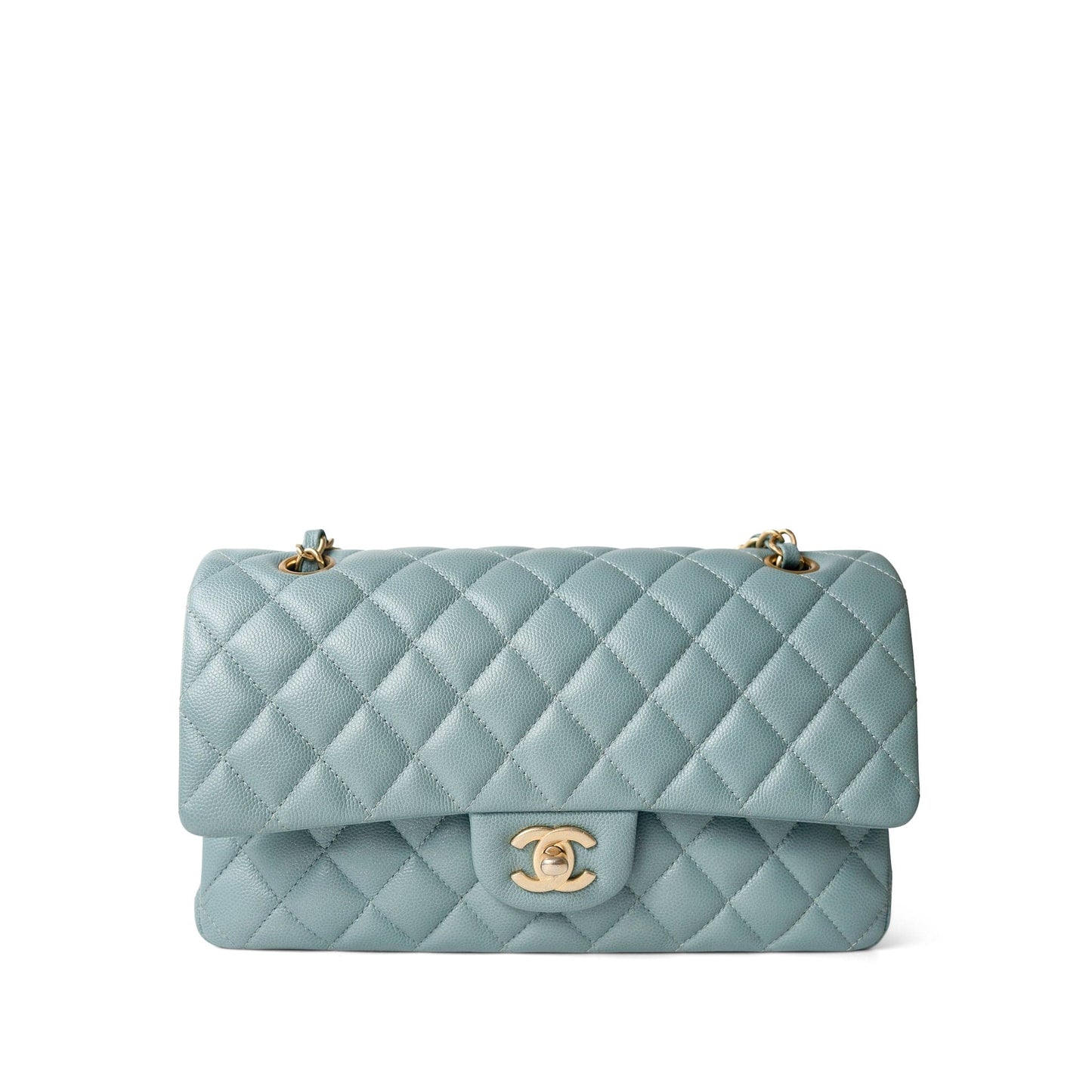 18C Pearly Light Blue Caviar Quilted Classic Flap Medium Antique Gold Hardware